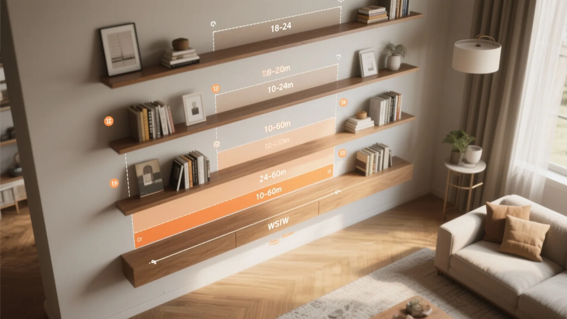 Top-down visual of shelf height and spacing guidelines using markers on a modern living room wall.