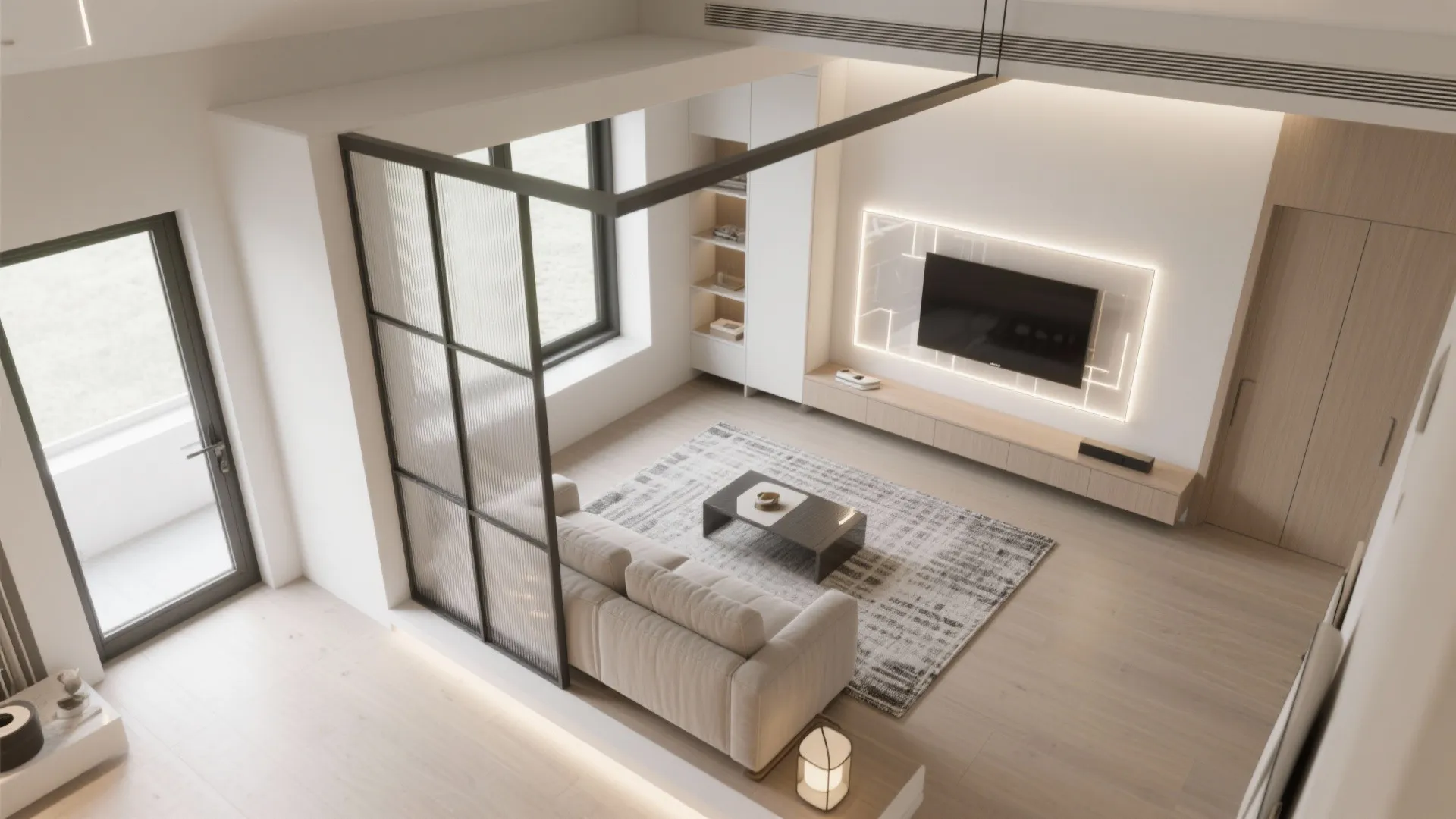 High angle interior design drawing showing a living room with sofa glass partition and television