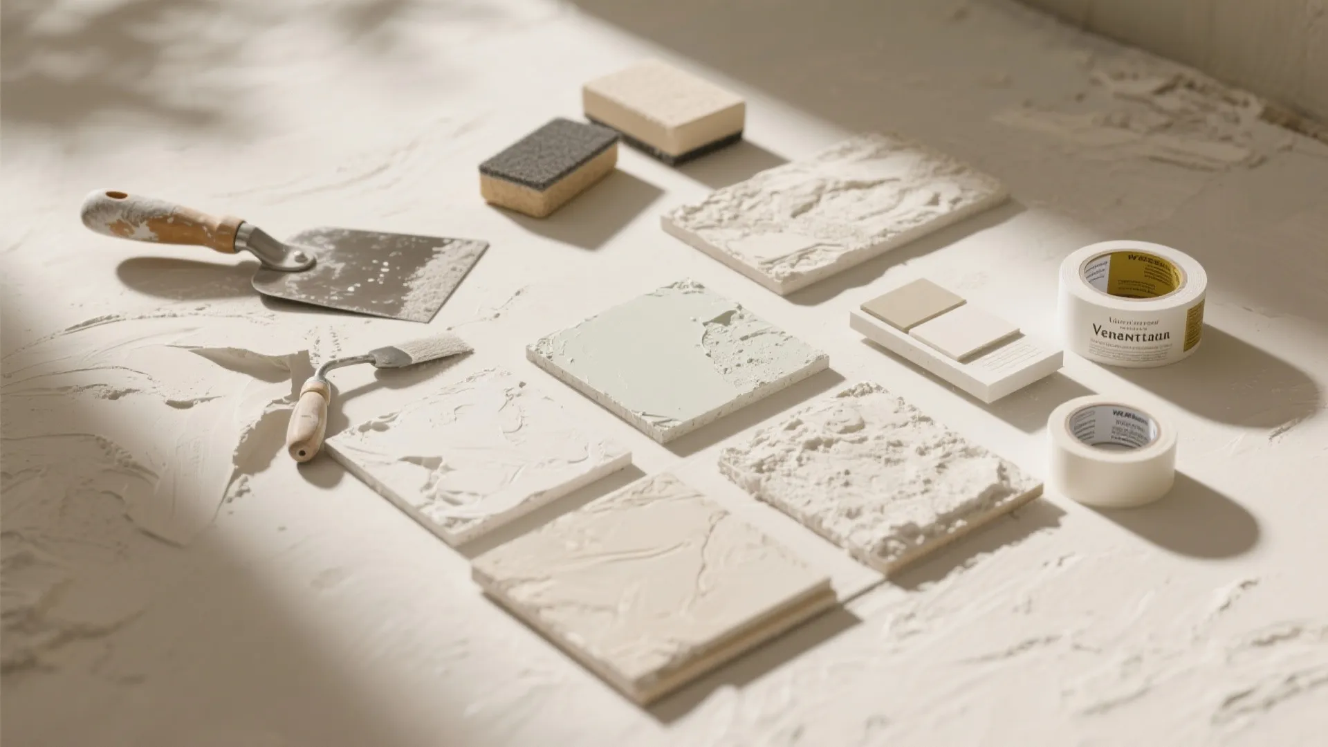 Wall texture samples with metal tools sponges and rolls of tape on a light table