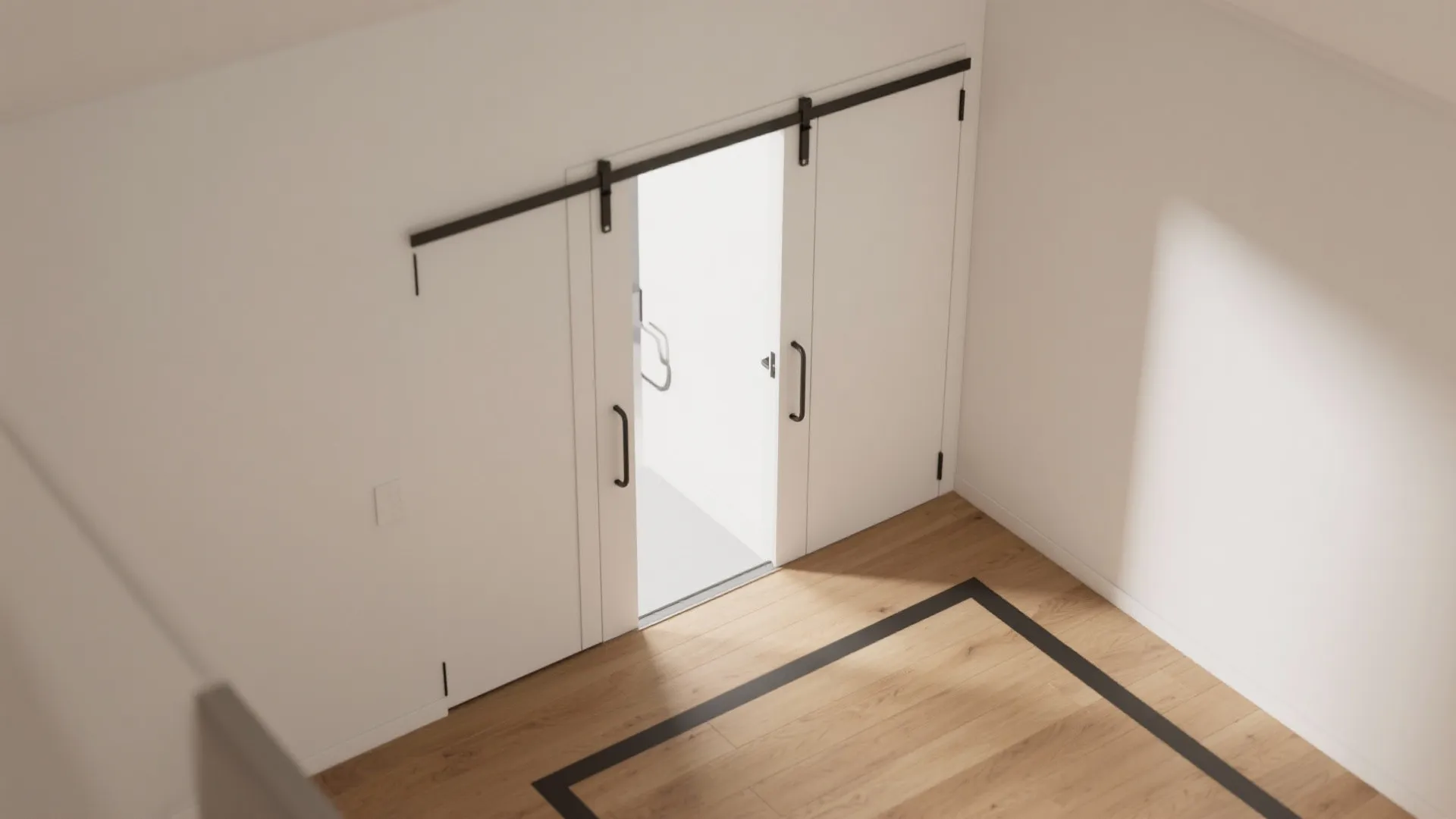 Top down interior design drawing of white sliding doors opening into a bright room with flooring