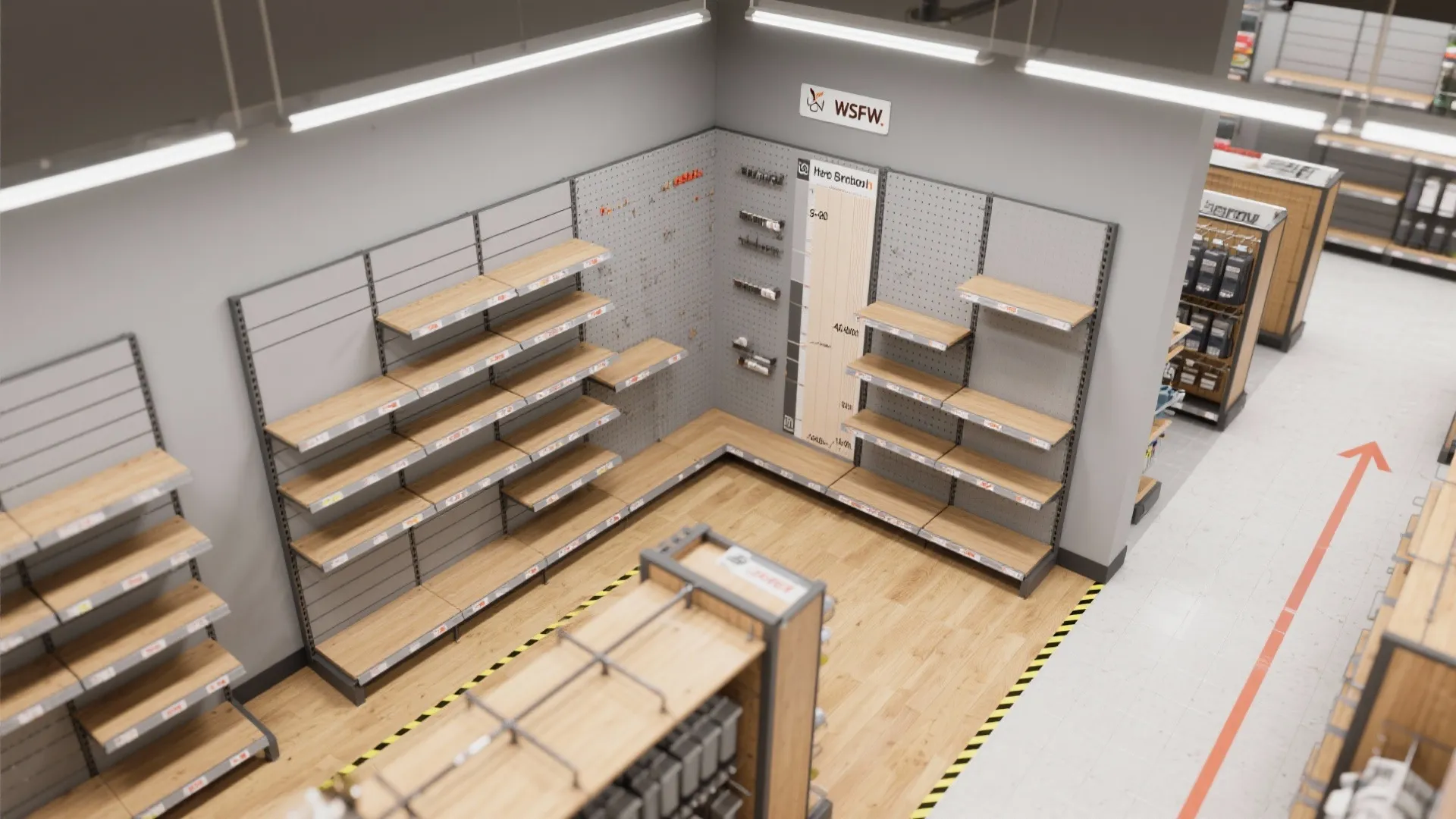 Top down view of a retail store showroom with empty wooden shelves and grey walls