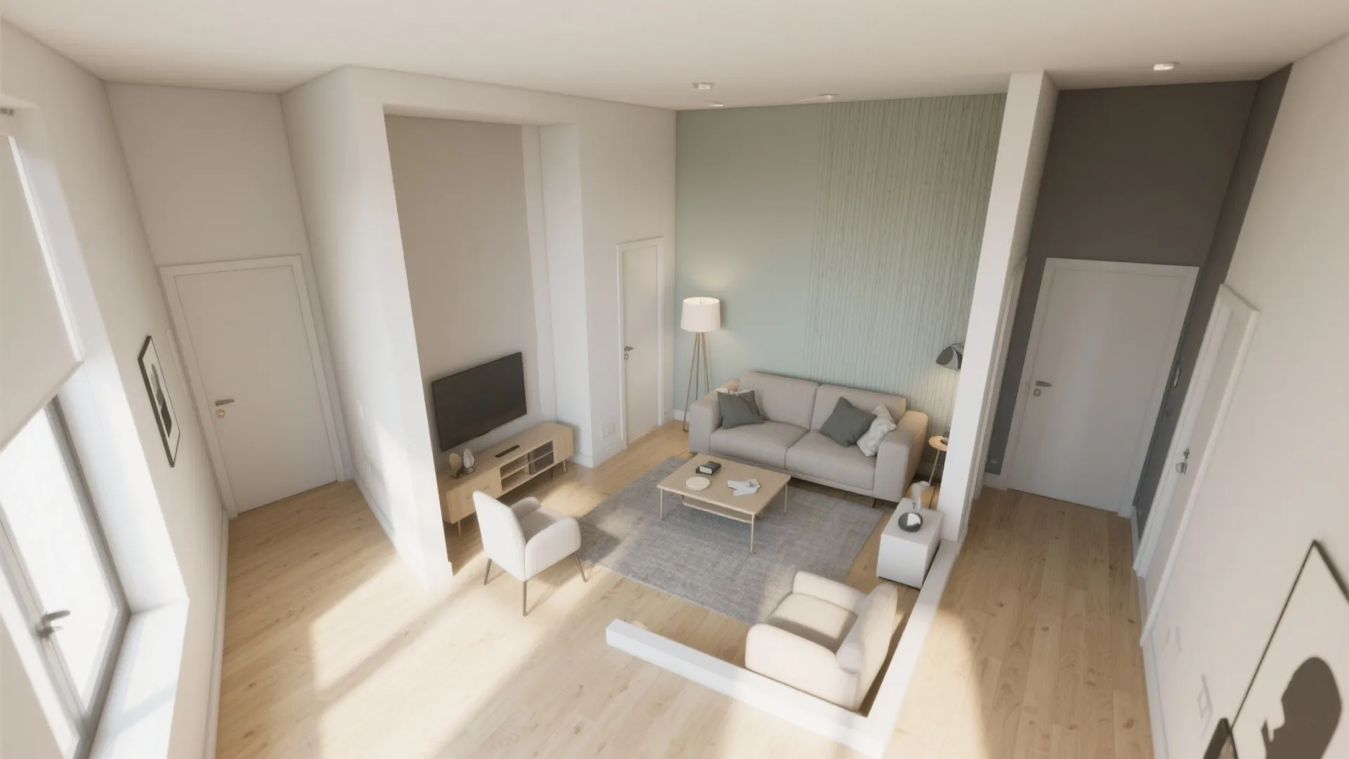 Interior design drawing showing a living room layout with grey sofa chairs and wood flooring