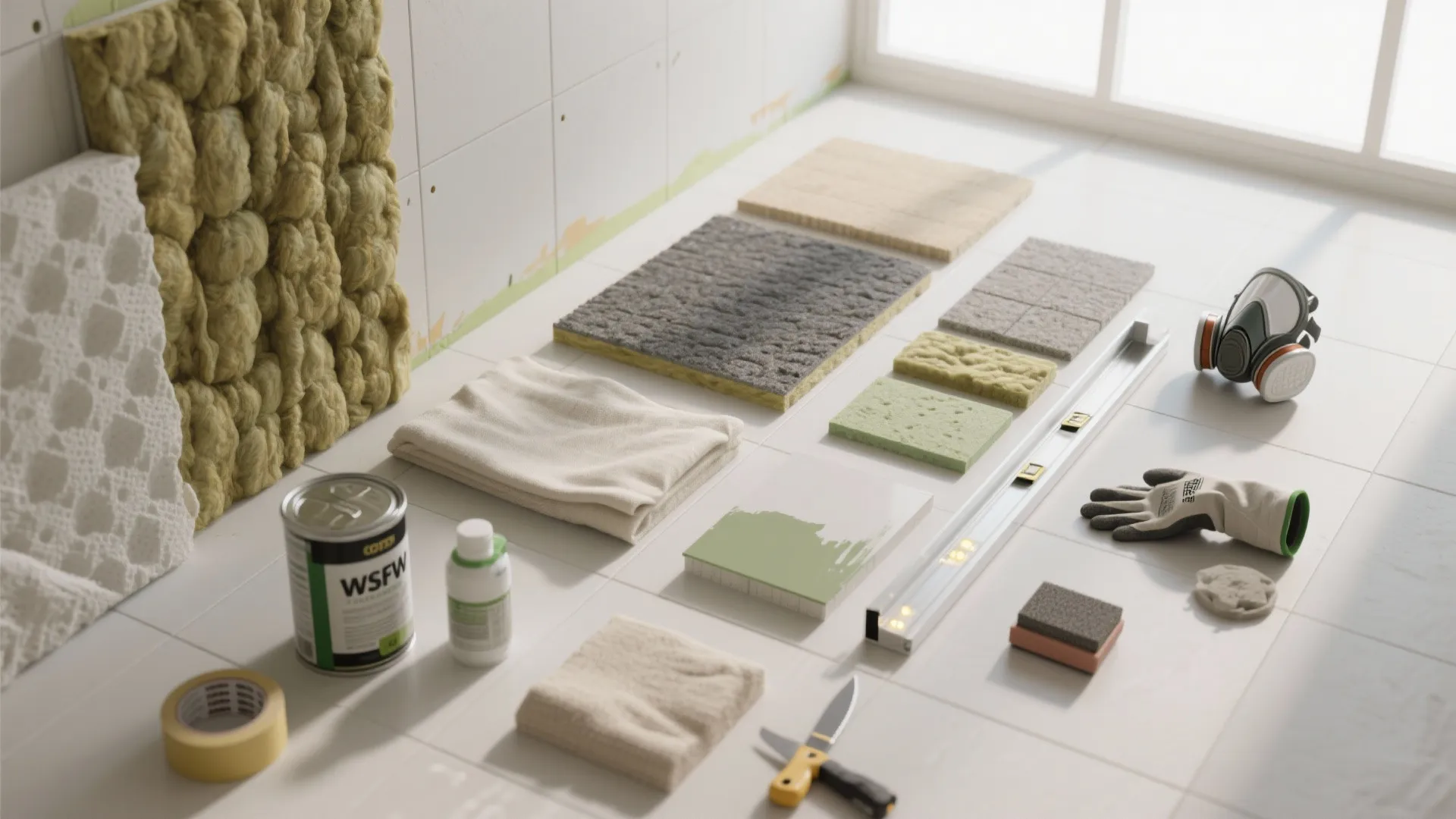 Collection of sound insulation materials and renovation tools like a level and mask on floor