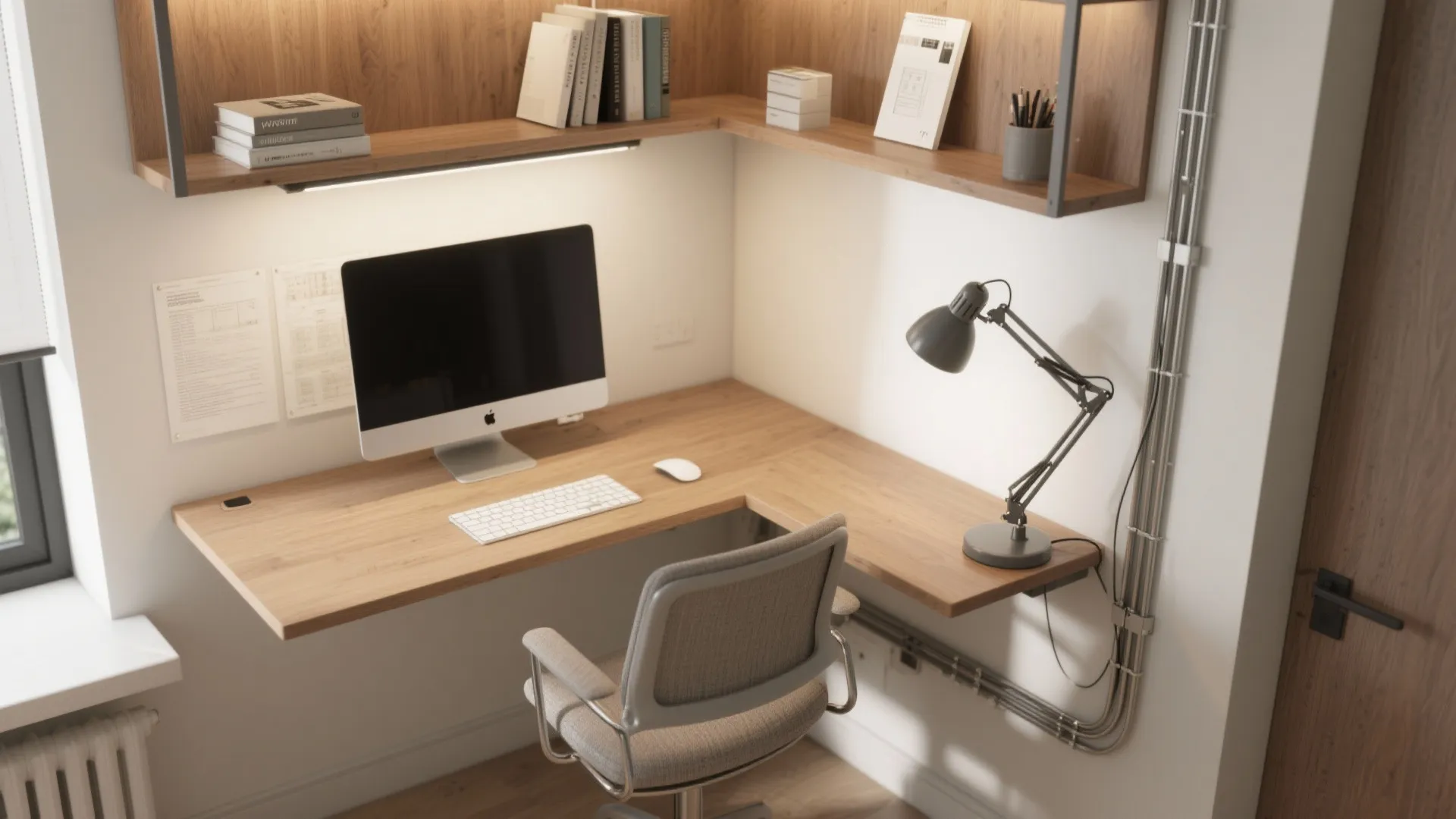 Corner wooden desk with computer keyboard mouse gray chair desk lamp and wooden wall shelves