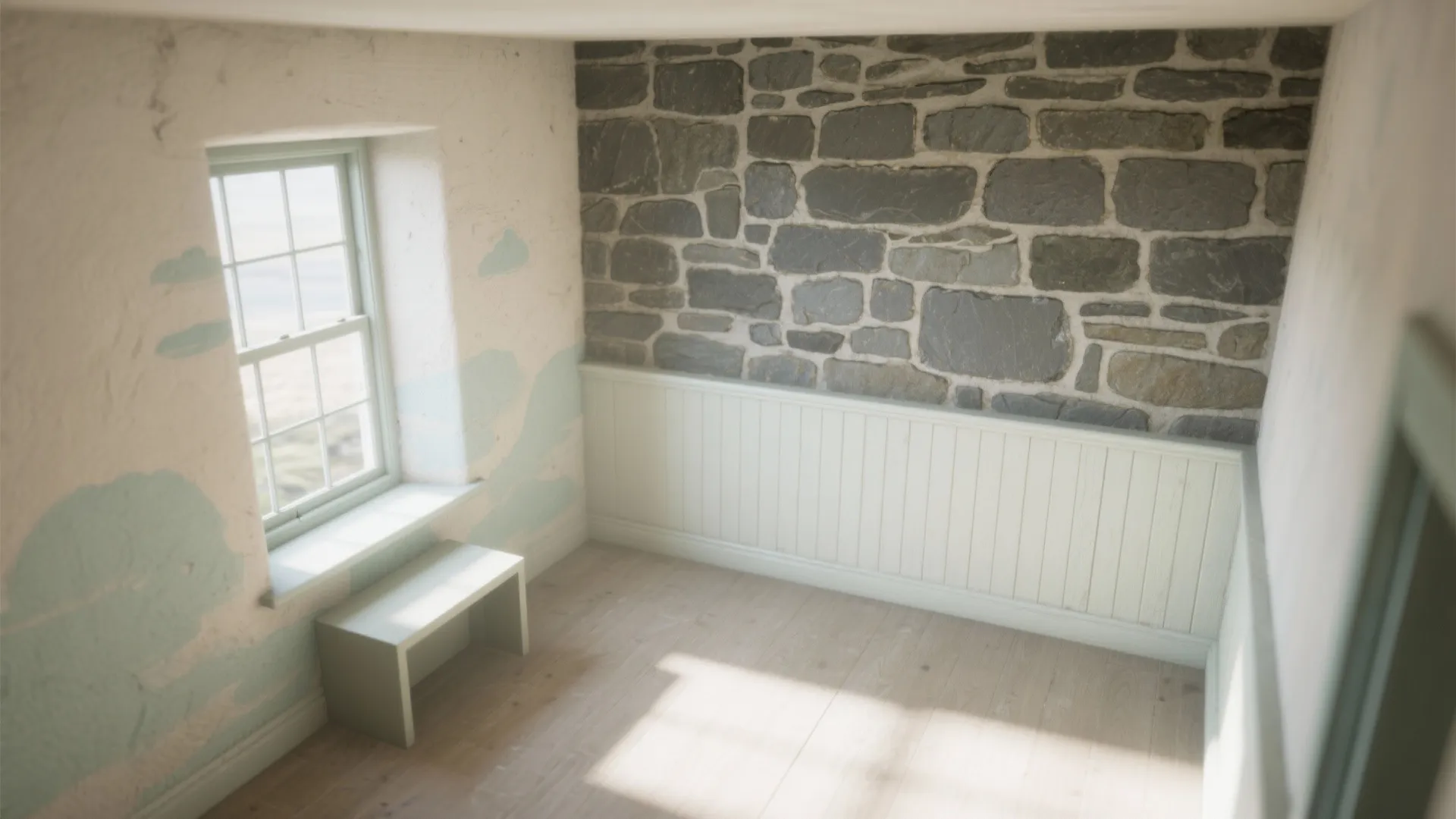 Small empty room with grey stone wall white wall panel wood floor and a window
