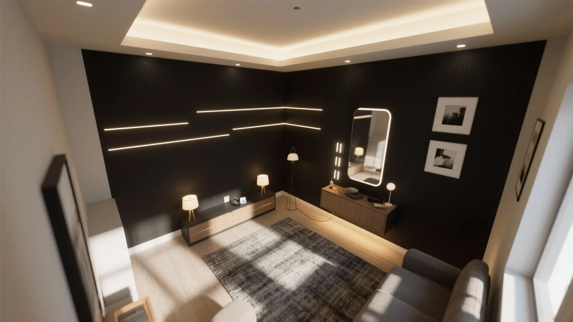 Modern dark living room interior design drawing with black walls wooden cabinet and grey area rug