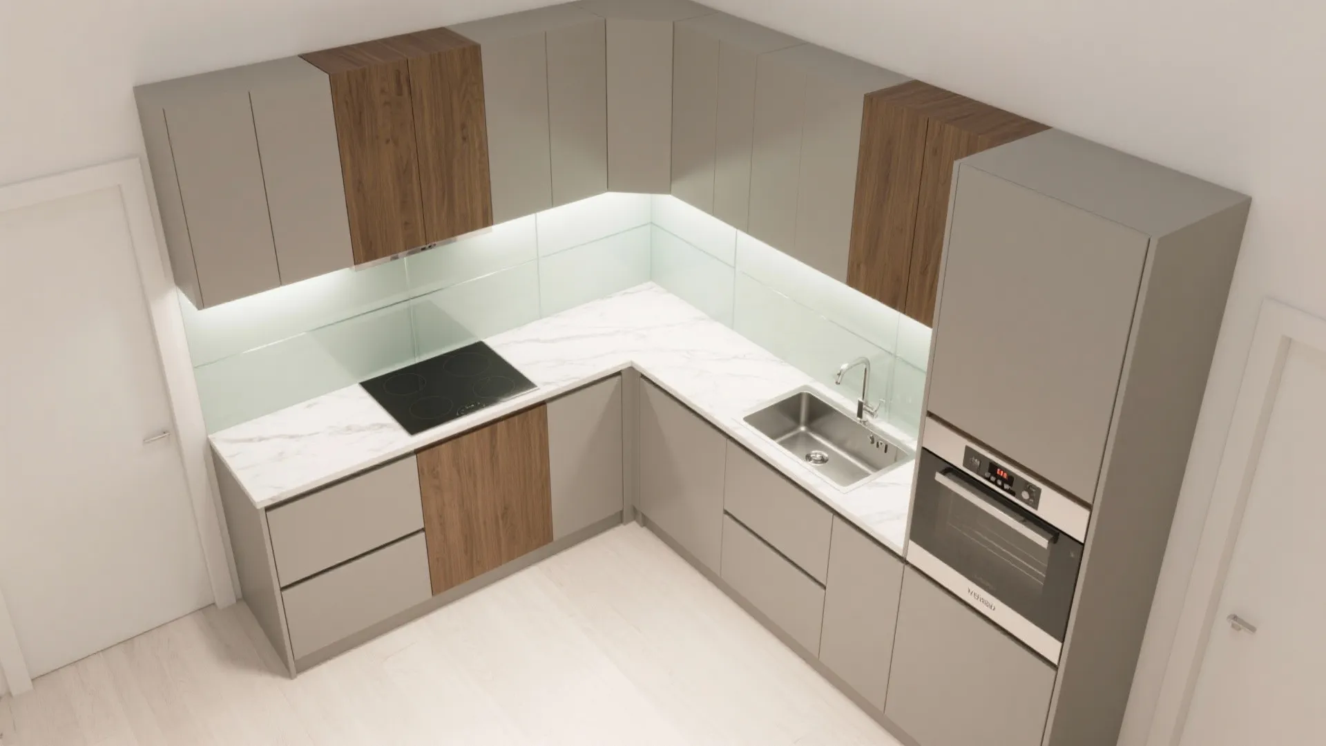 Top down view of L shaped kitchen layout with grey cabinets wood accents and marble countertop