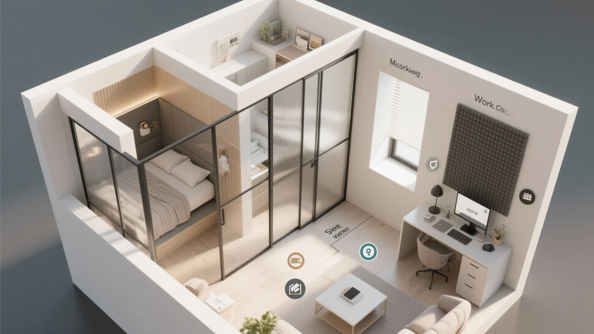 Top down interior design drawing of studio apartment with glass walls and a small workspace