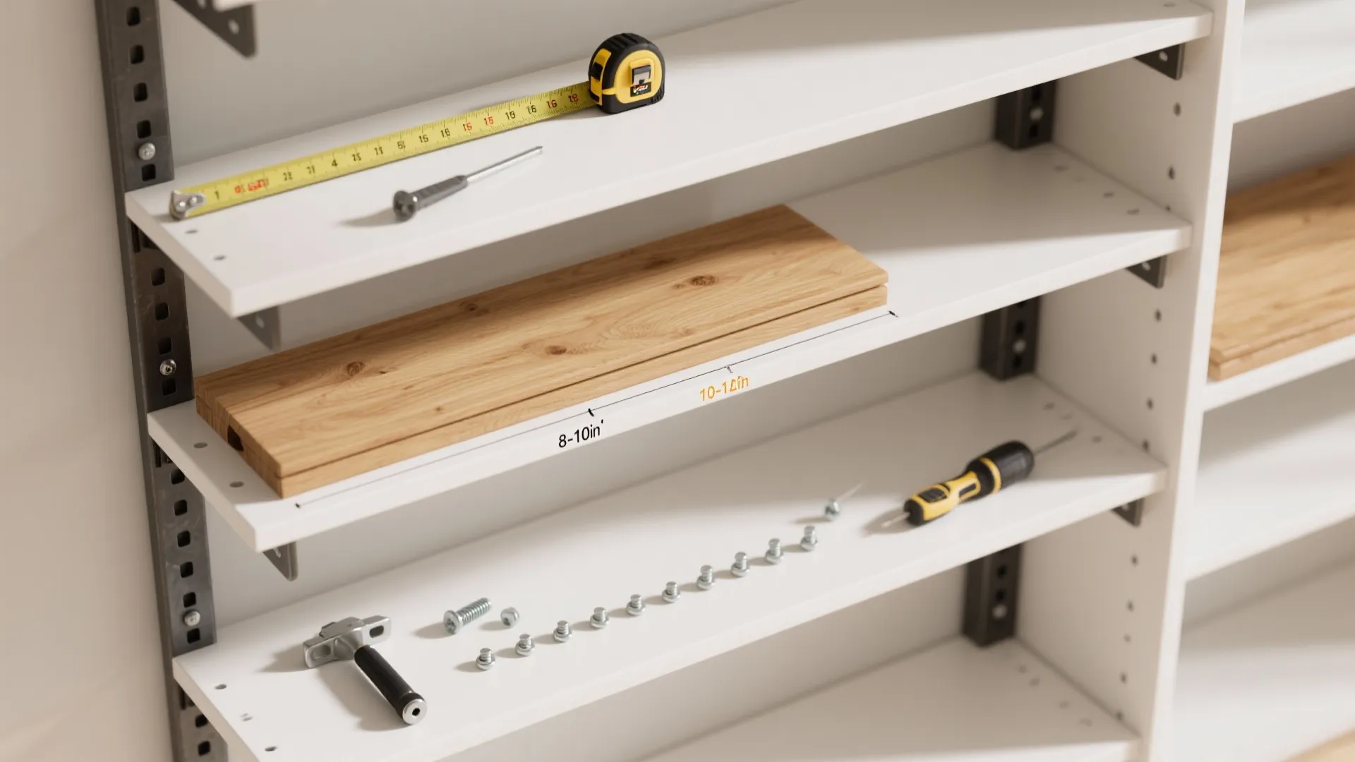 White shelving unit with wood boards tape measure screwdriver and screws for home furniture assembly