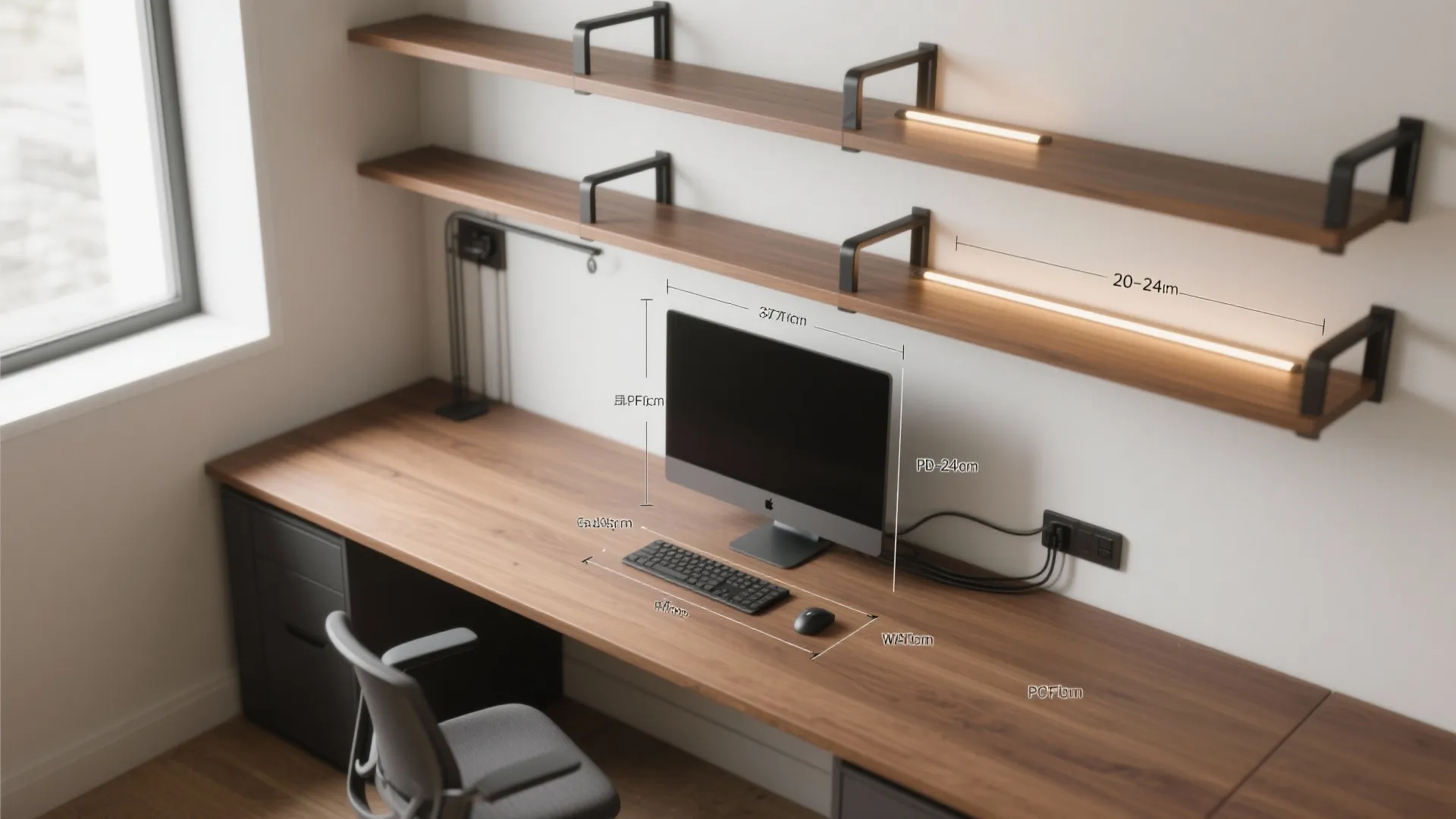 Interior design drawing showing desk measurements with computer monitor office chair and lighted wall shelves
