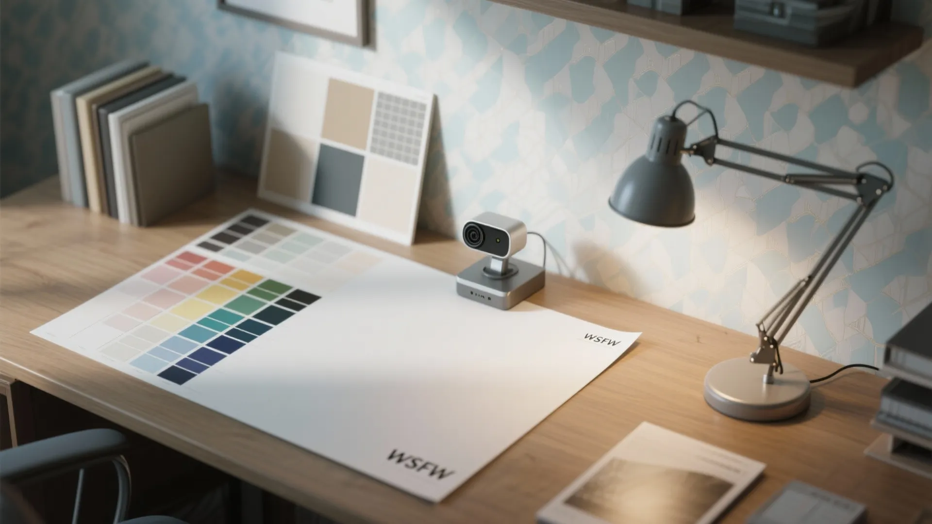 Wooden desk with color swatches small camera grey desk lamp and light blue patterned wallpaper
