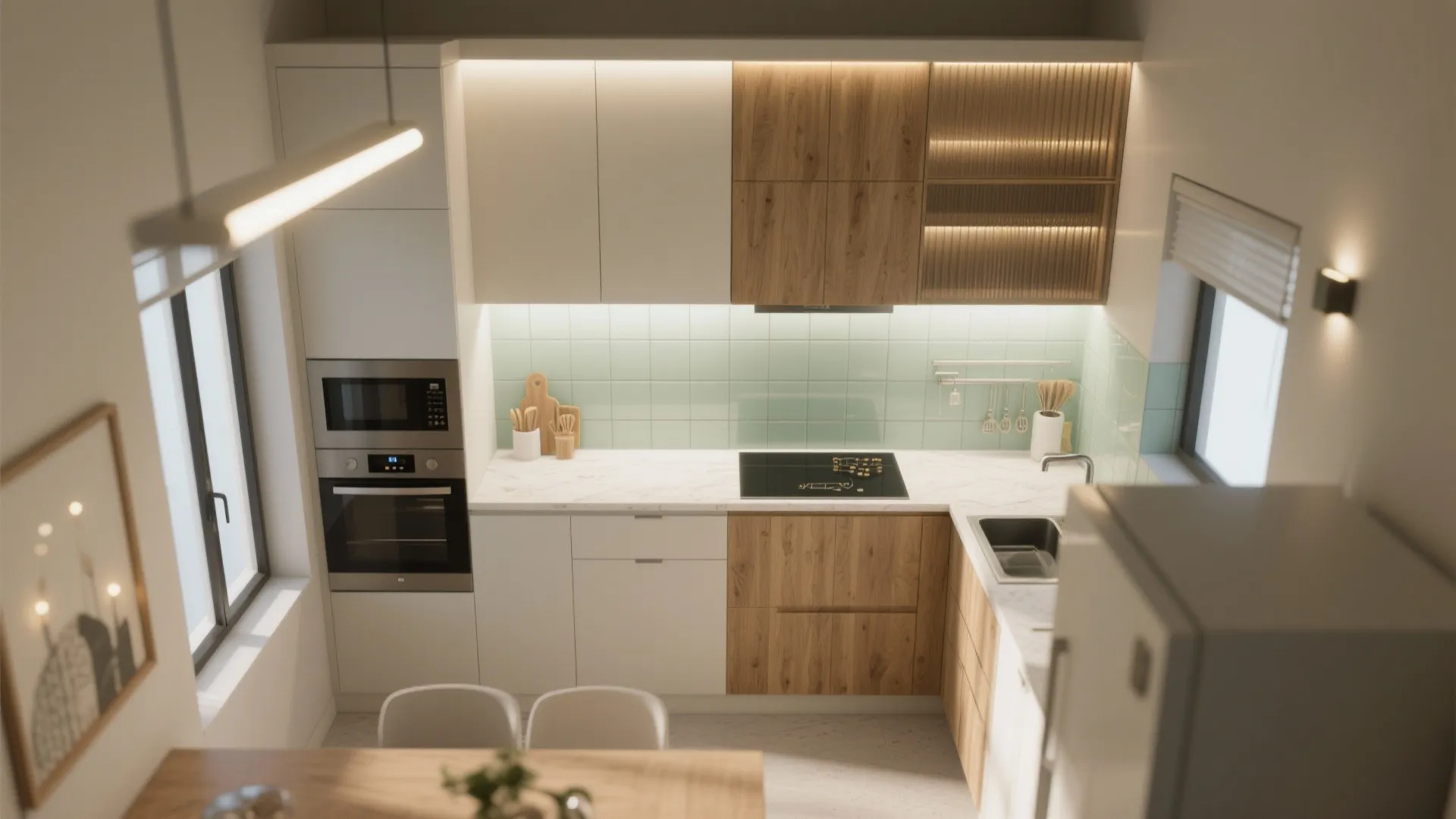 Top view of small kitchen with white and wood cabinets green tiles oven and warm lighting
