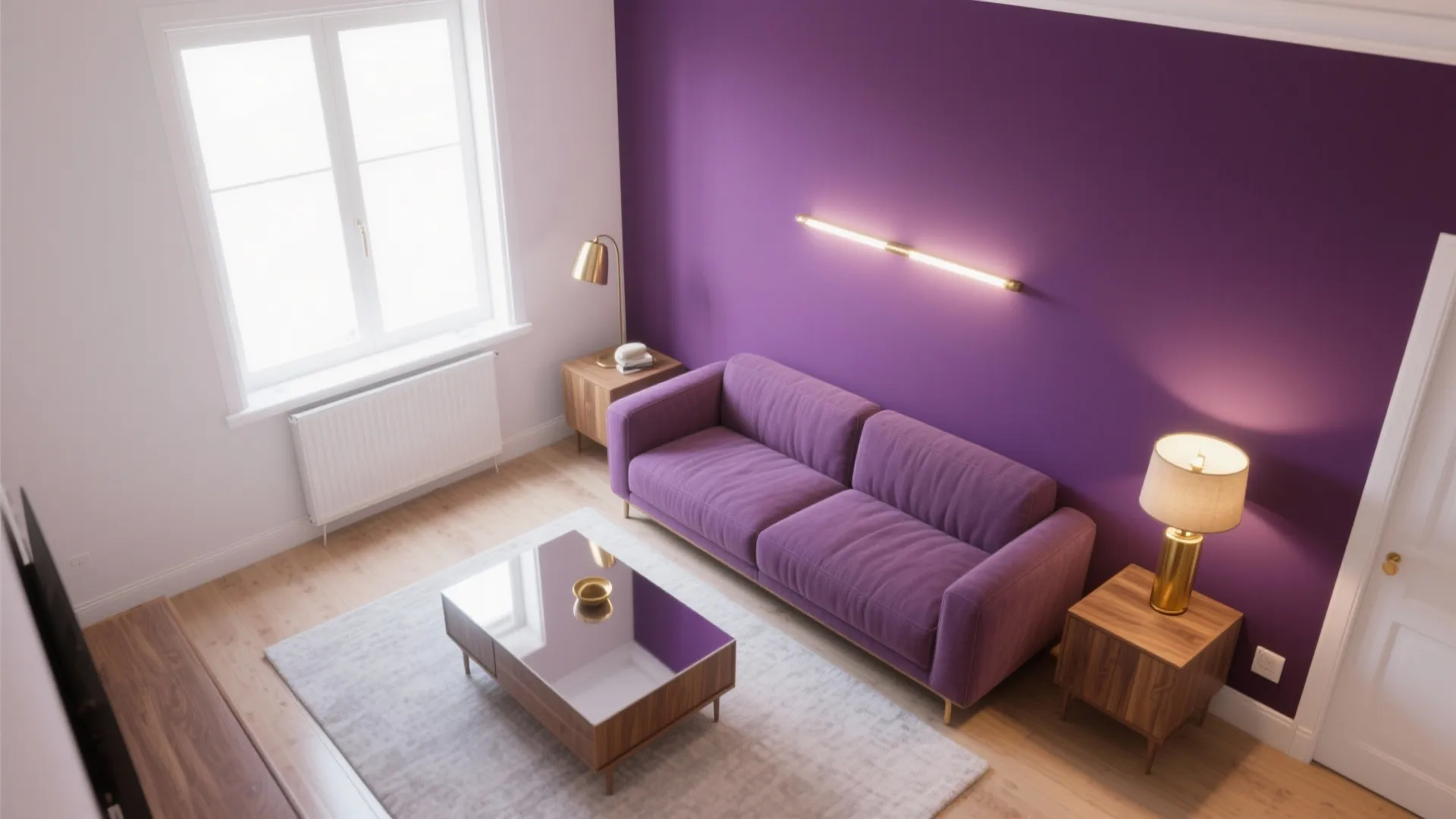 Top view of a purple living room with purple sofa coffee table and gold light