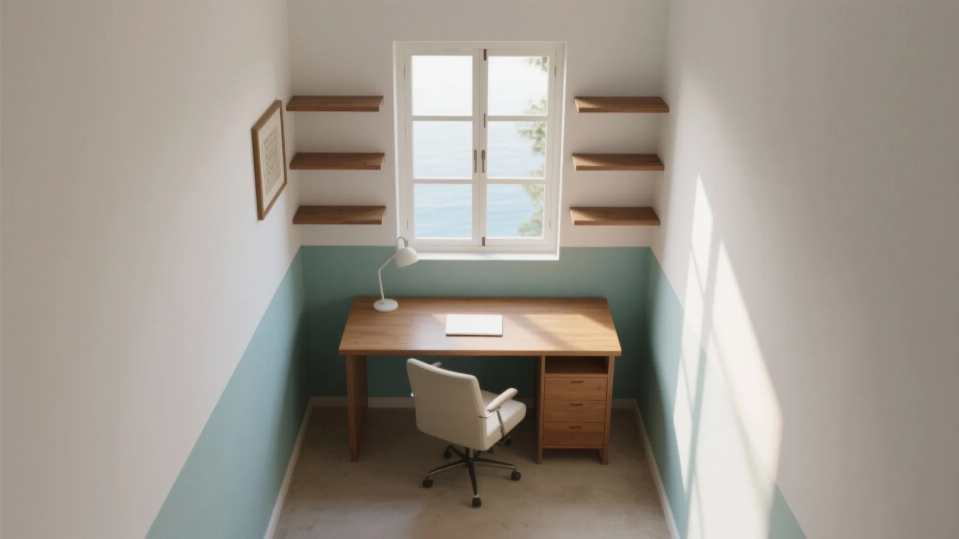 Symmetry home office with wooden desk white chair wall shelves window and blue wall paint