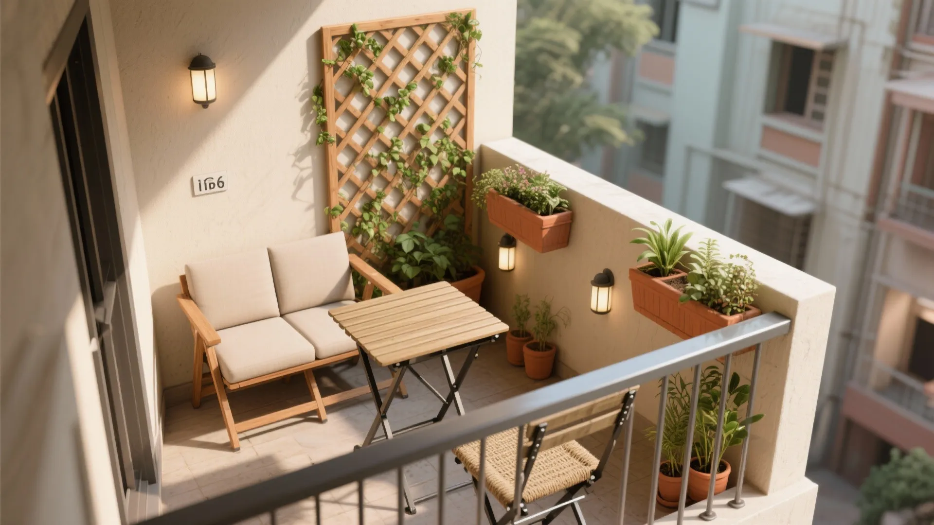 Small balcony with wooden sofa and table, potted green plants, wall lights, and climbing vines