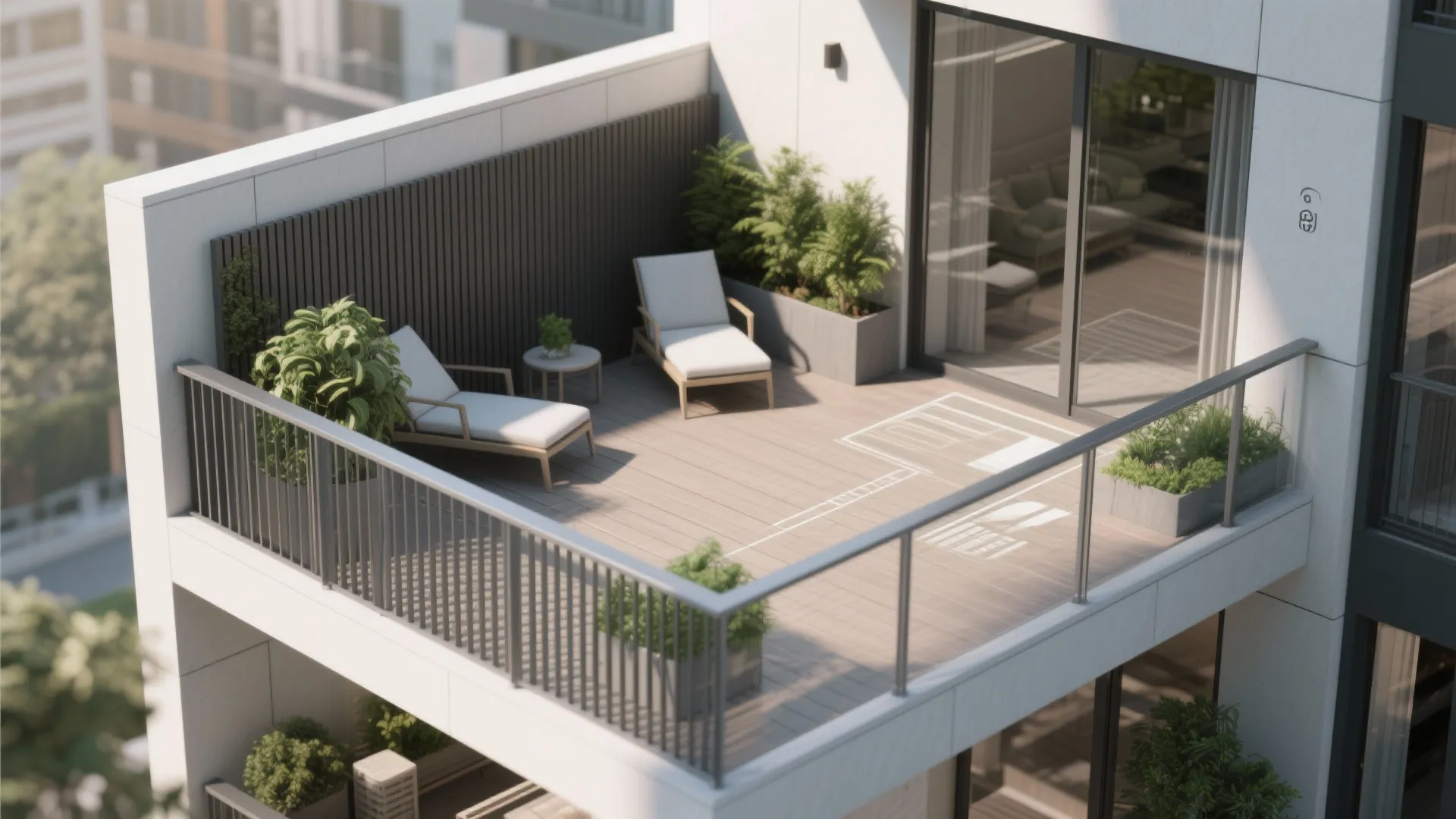 Modern balcony with two white chairs wooden flooring green plants and a black metal railing
