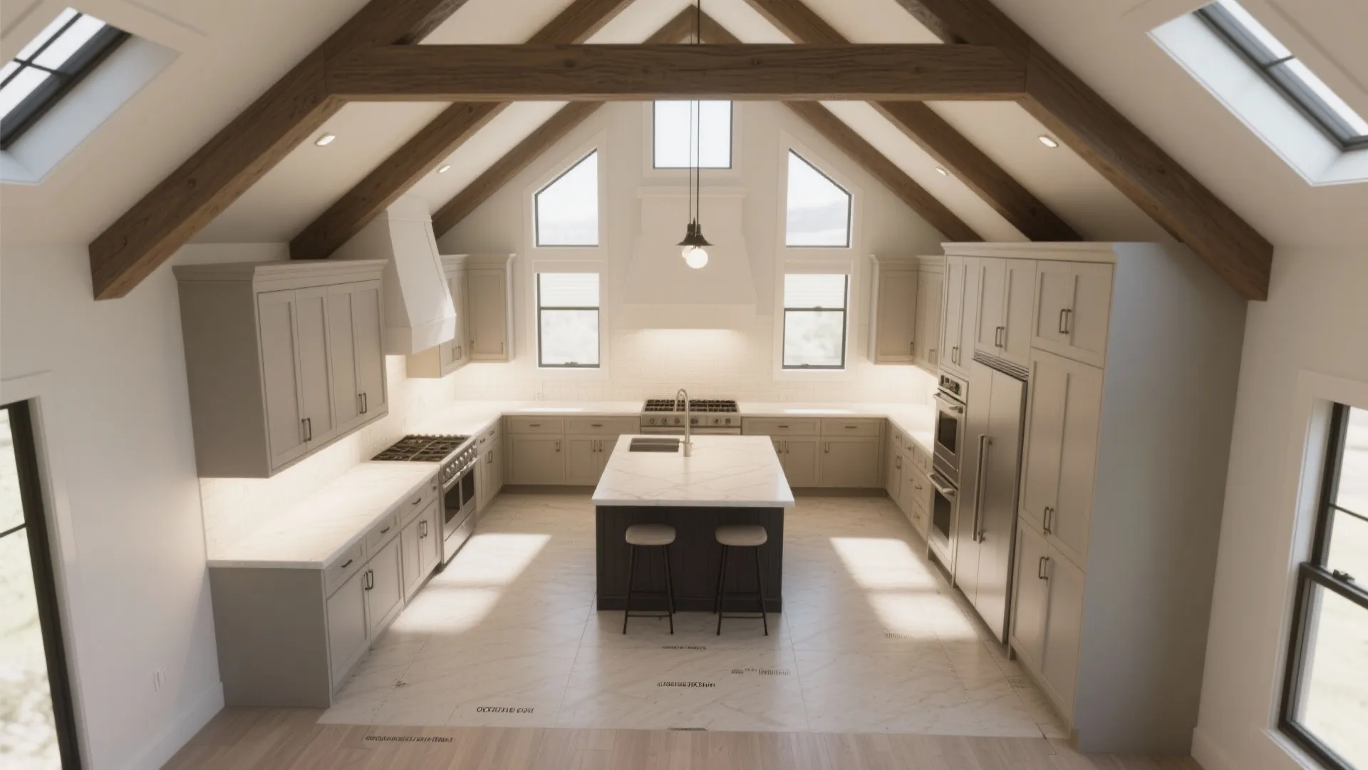 Top-down architectural render of a vaulted kitchen layout showing island placement and sightline strategies.