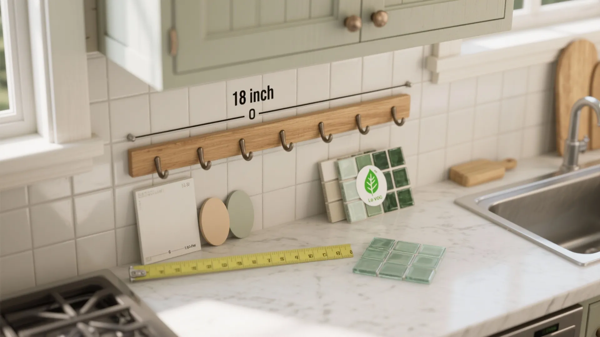 Kitchen counter with measuring tape and tile samples for planning a wall hooks installation project