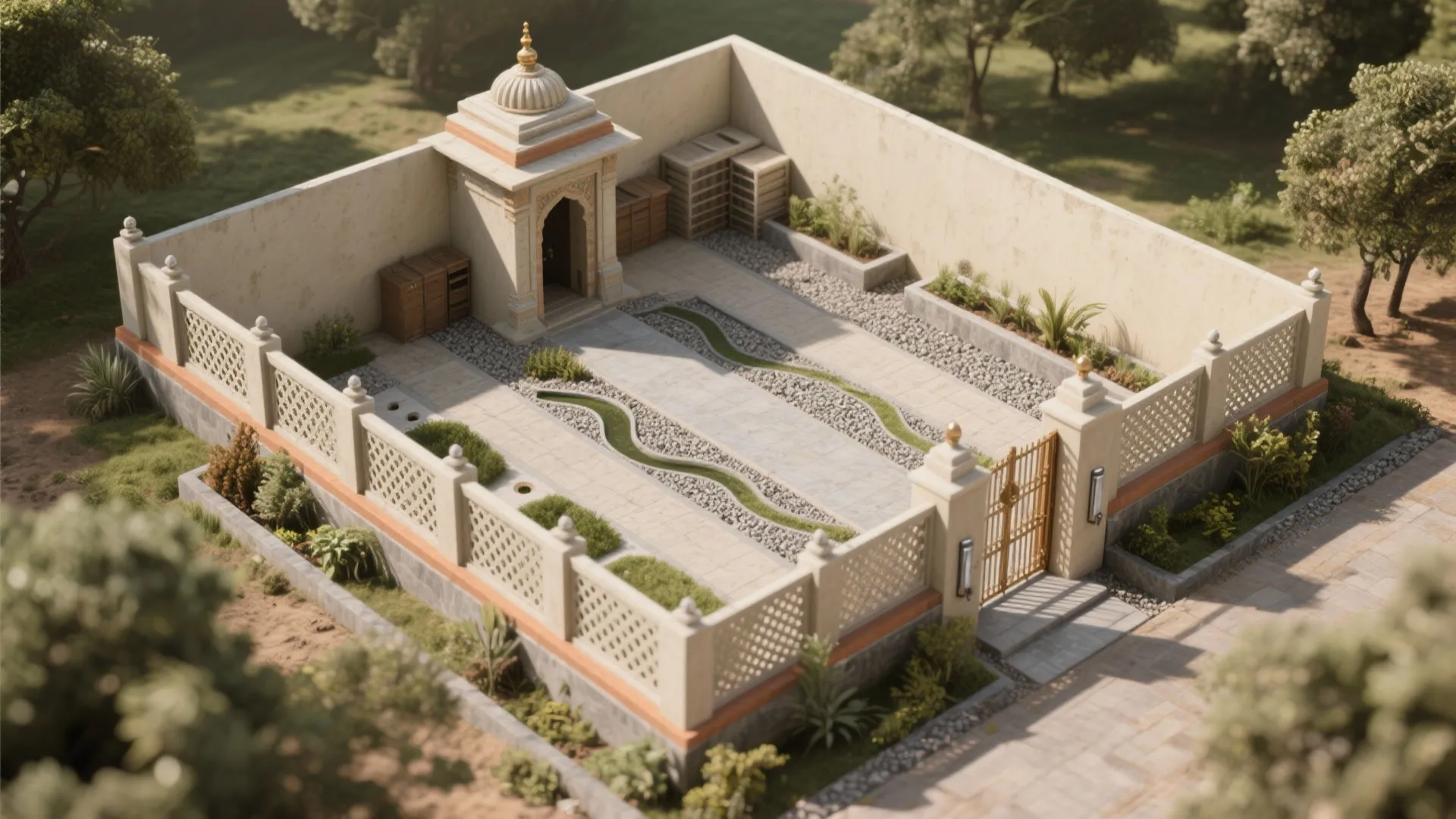 Interior design drawing of walled garden courtyard with stone path green plants and small gold gate