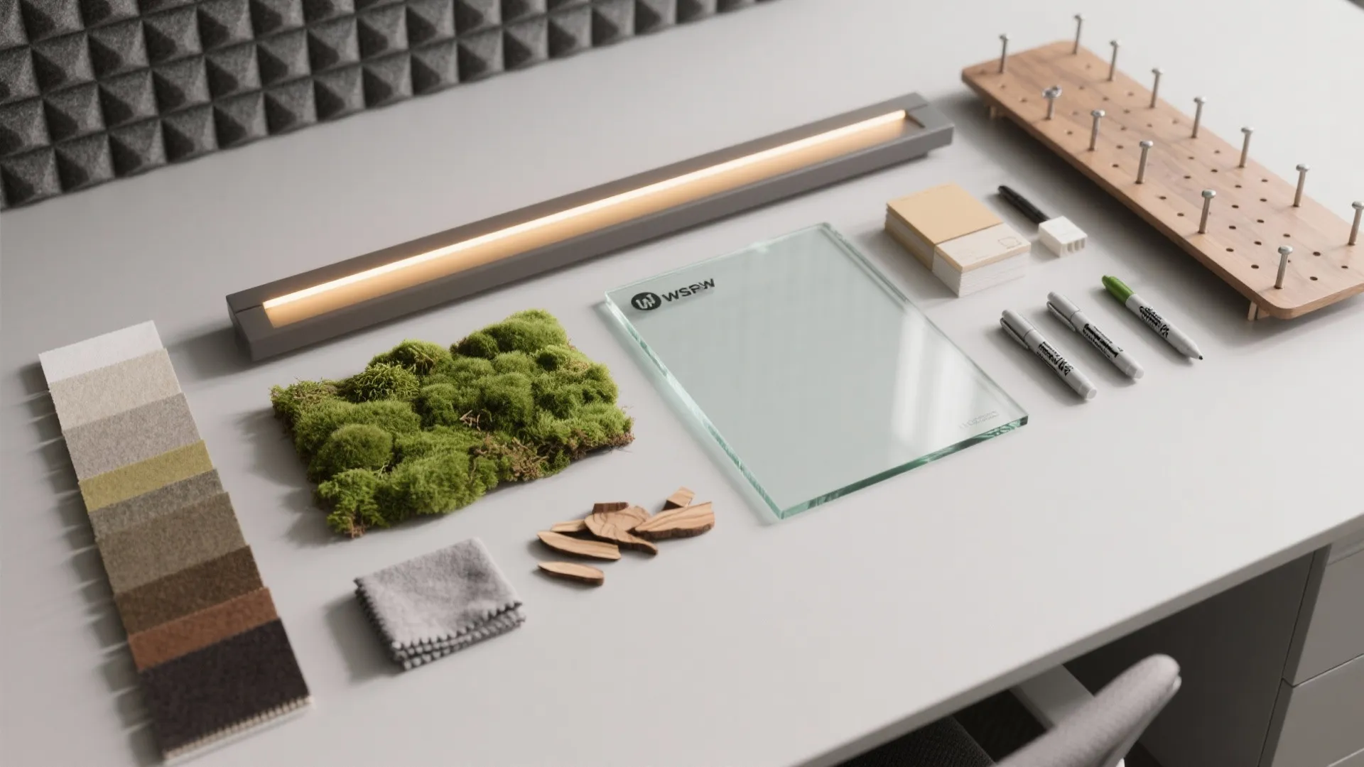 Interior design materials including moss, fabric samples, glass panel, and light fixture on white desk