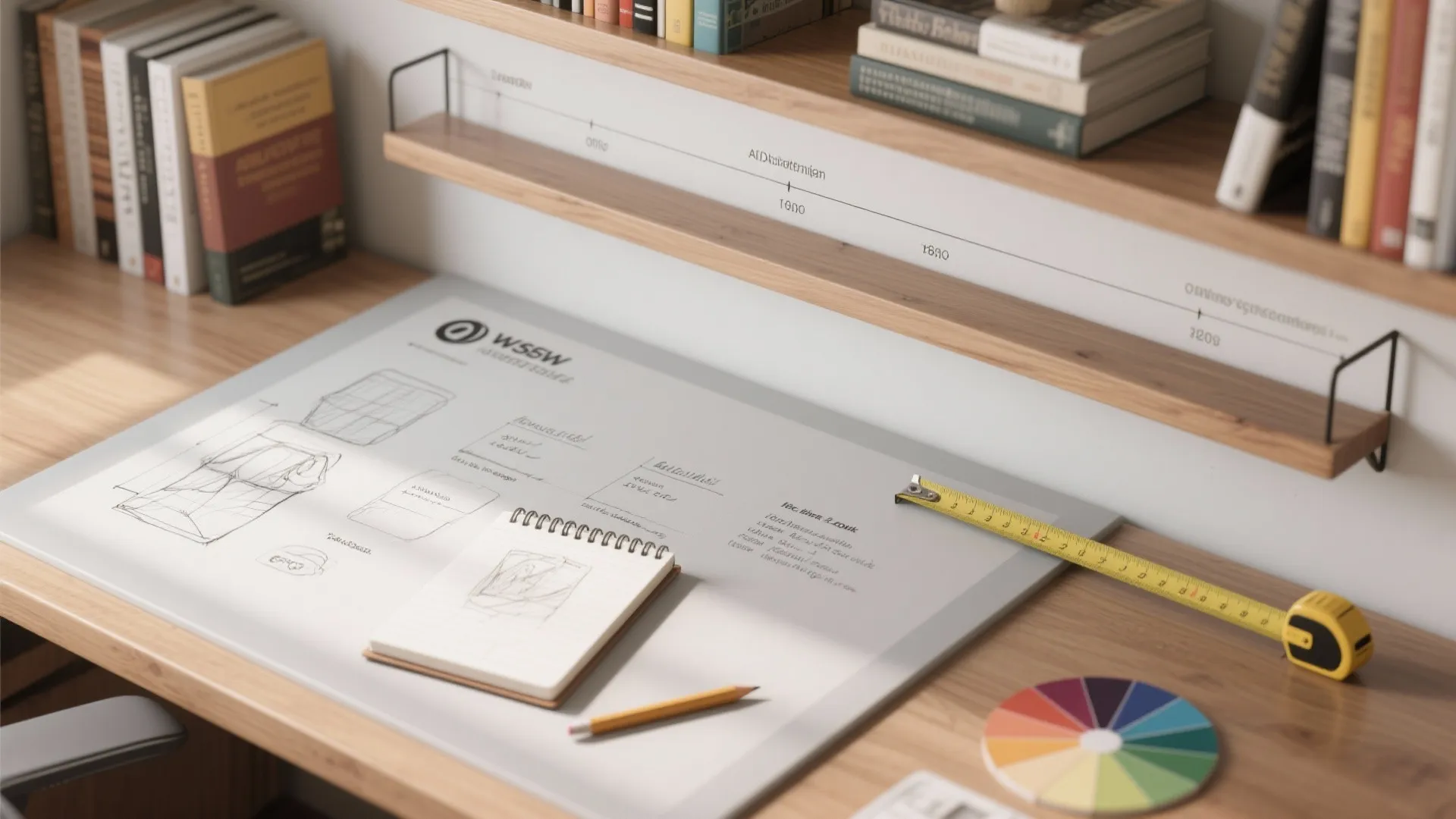 Wooden desk with interior design drawing notebook pencil yellow tape measure color wheel and wall shelf