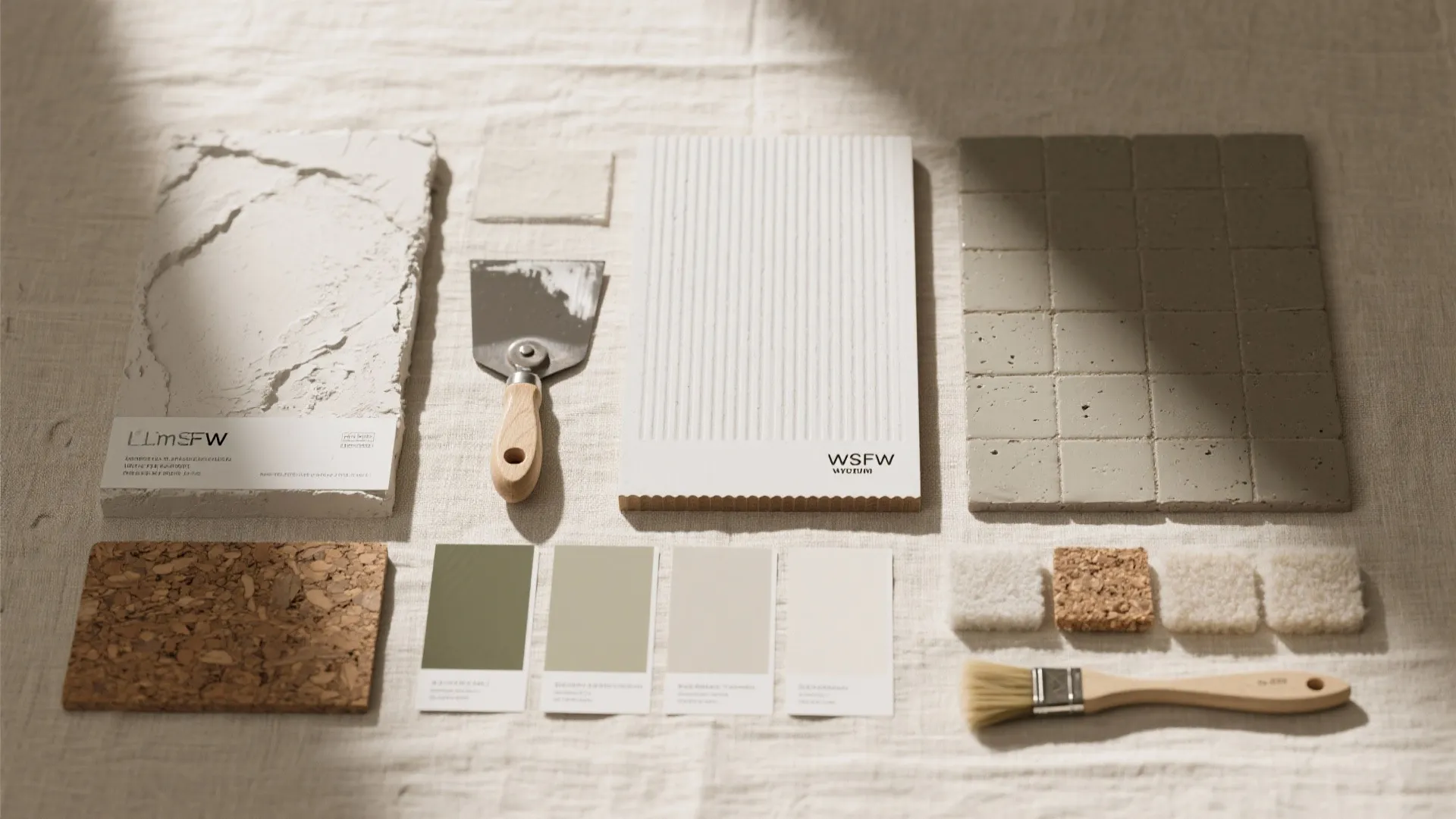 Top down view of home renovation materials including green paint cards textured tiles and wood