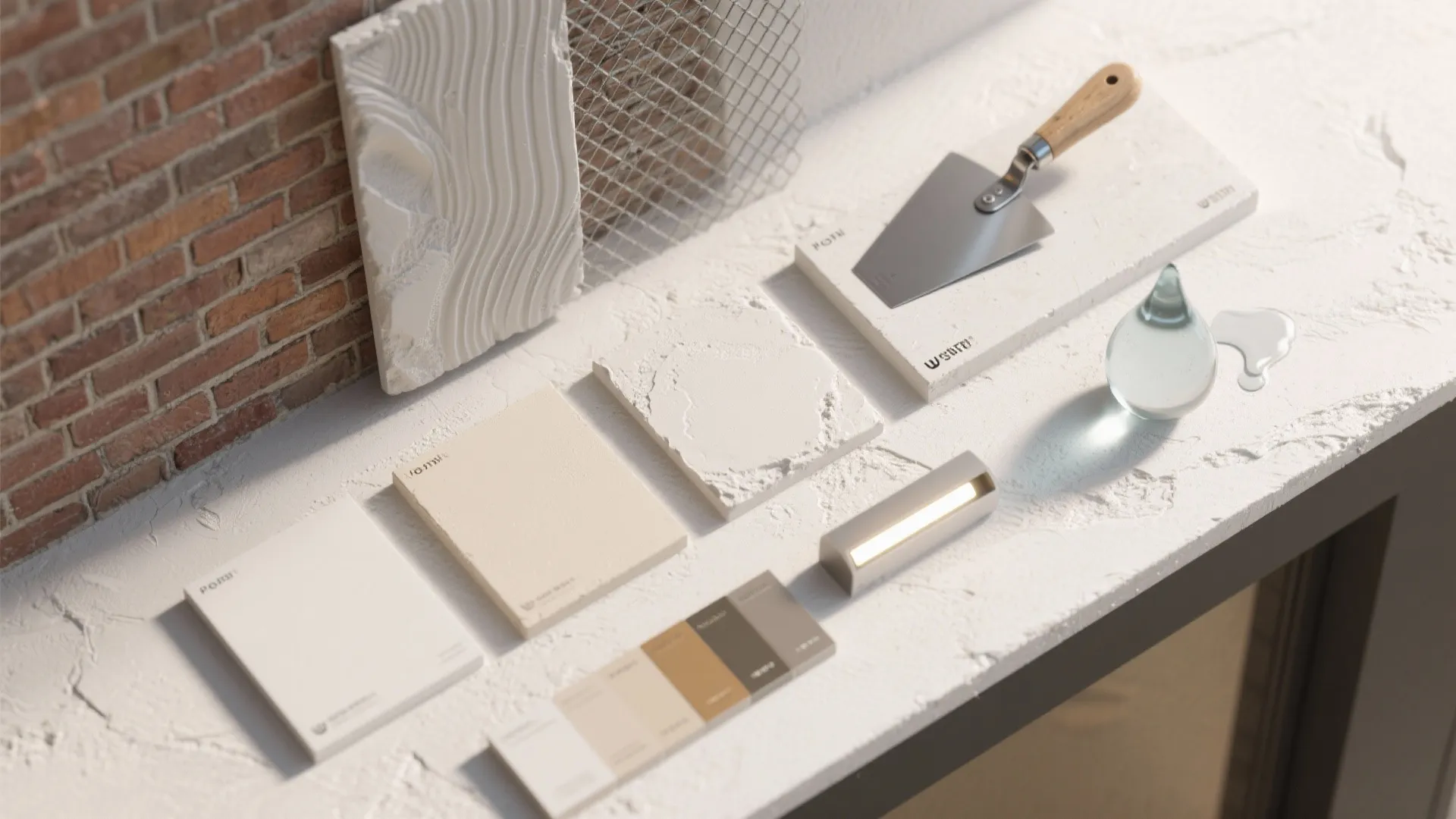 Various interior design material samples with white tiles brick wall metal tool and color swatches