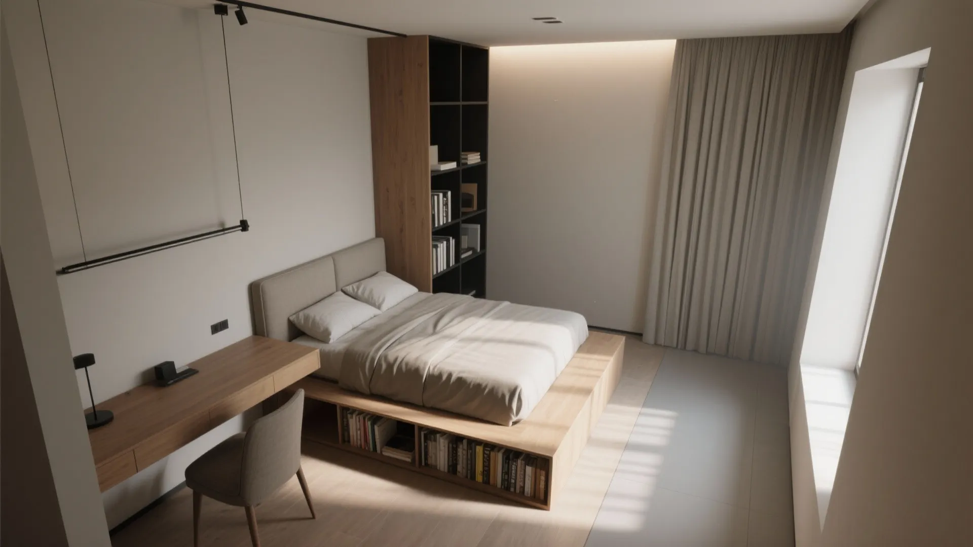 Modern bedroom with platform bed, integrated bookshelves, wooden desk, chair, light fixture, and large window