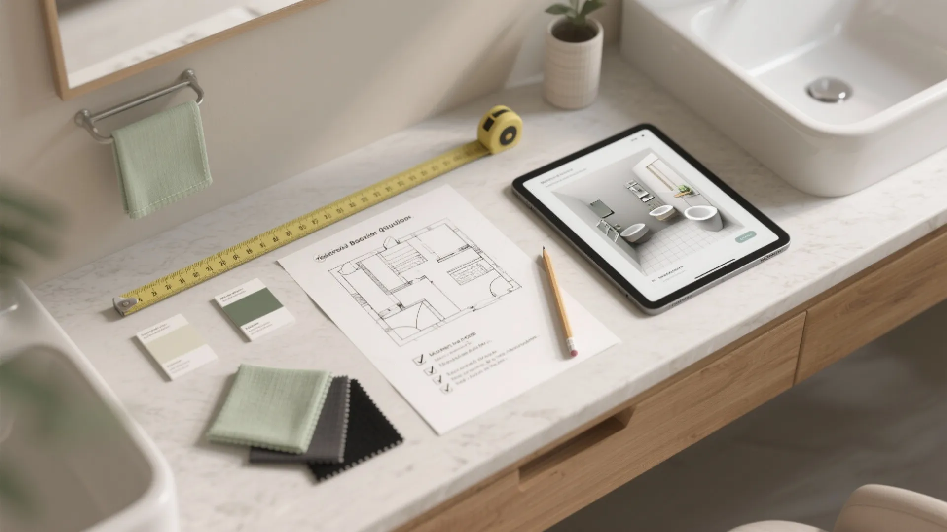 Bathroom renovation planning with room layout drawing and interior design drawing on a marble counter