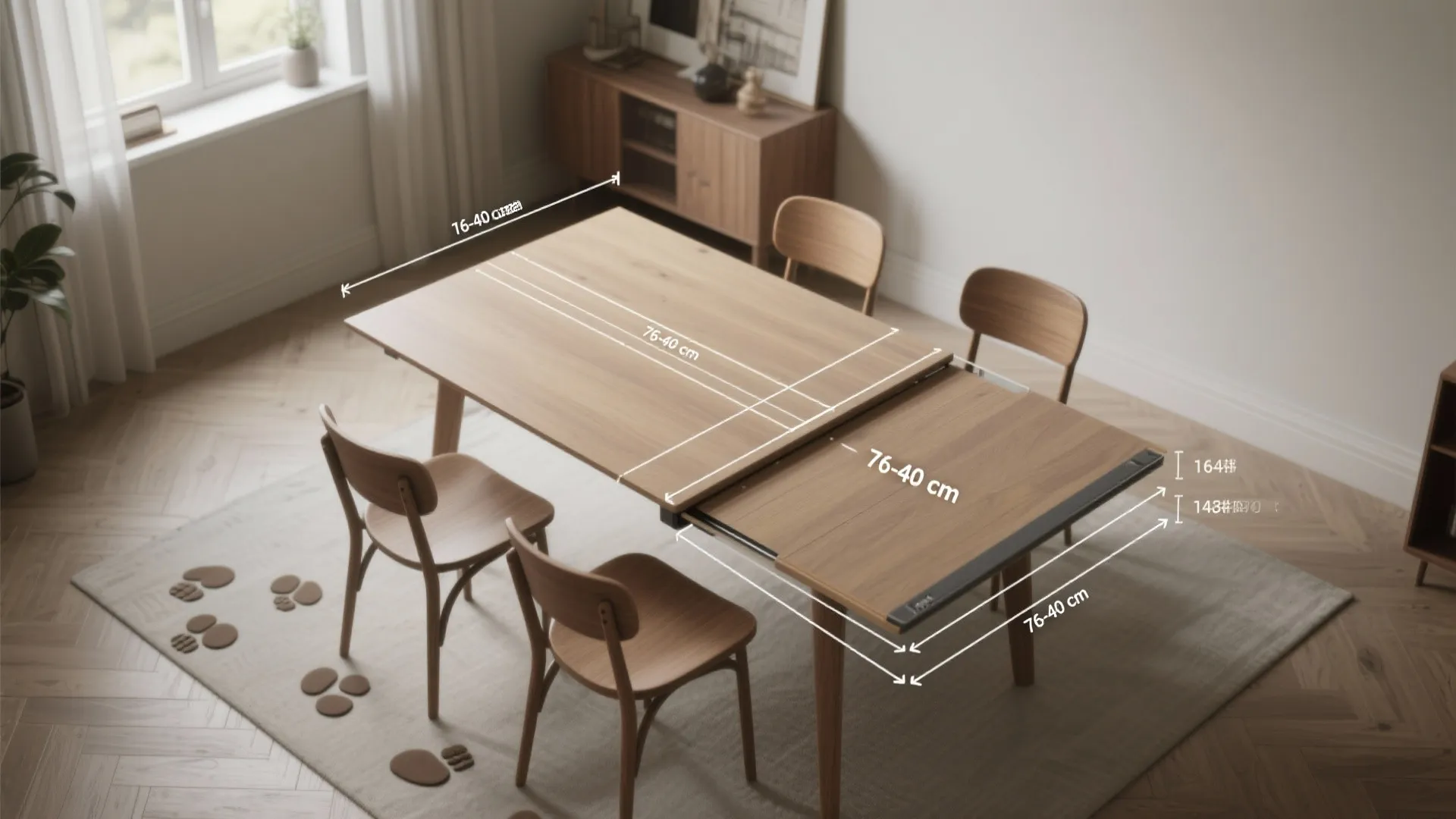 Top-down schematic of a drop leaf table showing clearance measurements and chair positions for FAQs.
