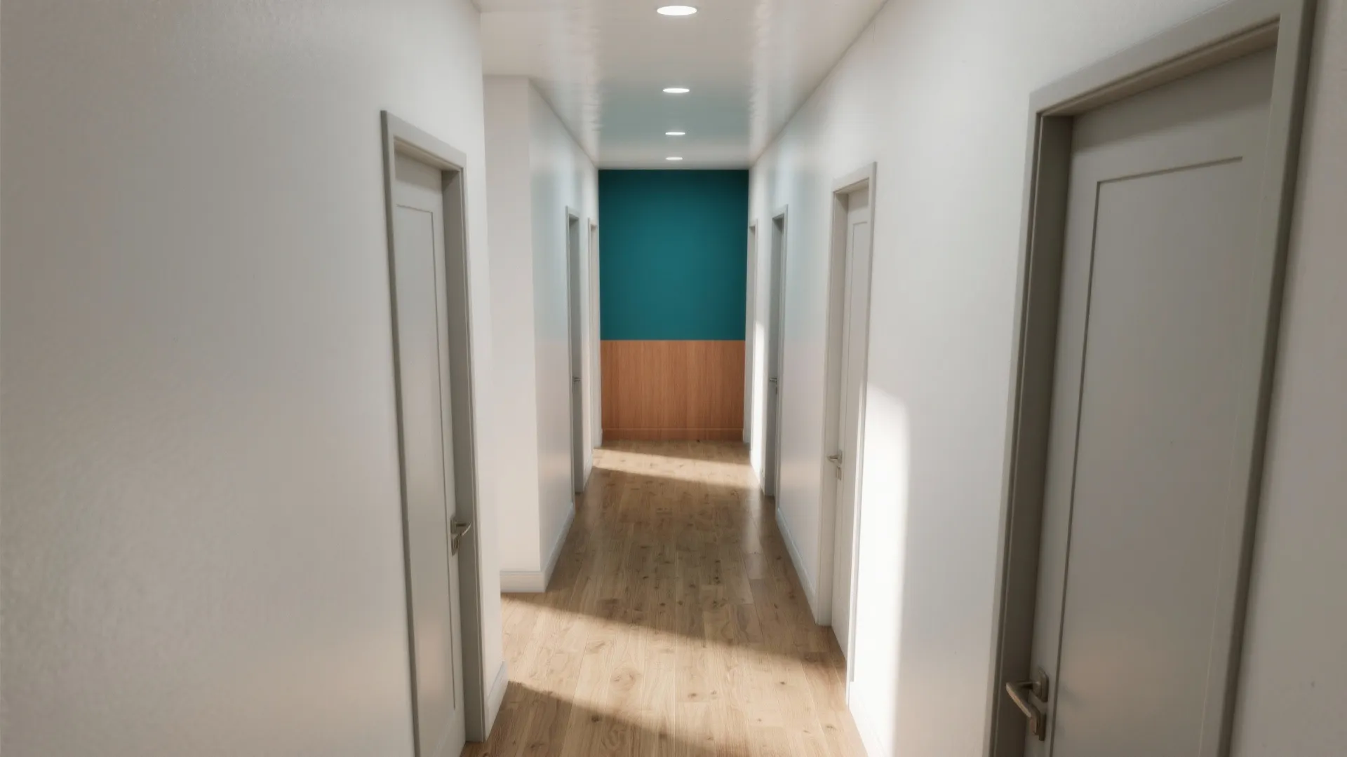 Bright white hallway with multiple doors wooden flooring and a teal accent wall at end