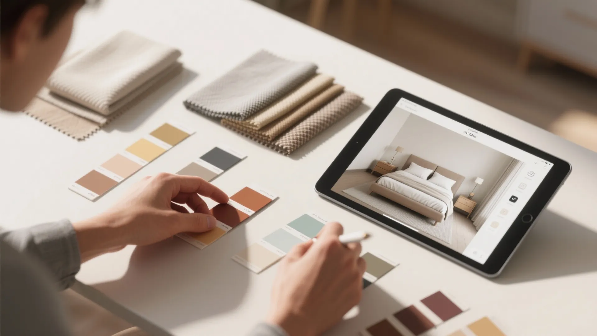 Hands selecting color swatches for bedroom interior design shown on a tablet with various fabric samples