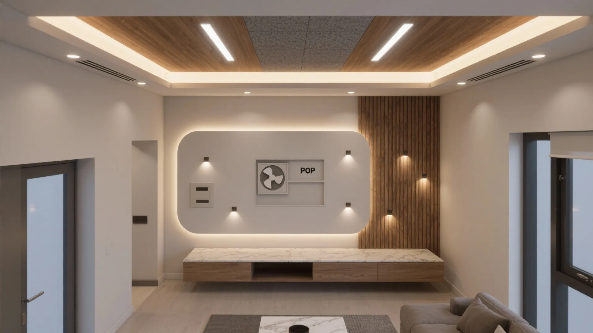 Interior design drawing showing a TV wall with wooden cabinet and hidden ceiling light fixtures