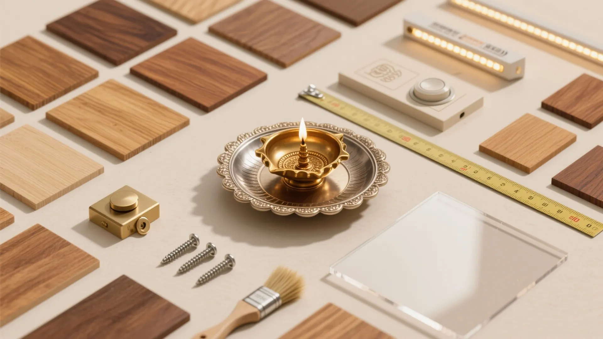 Top view of wood floor samples light fixtures screws a brush and a tape measure