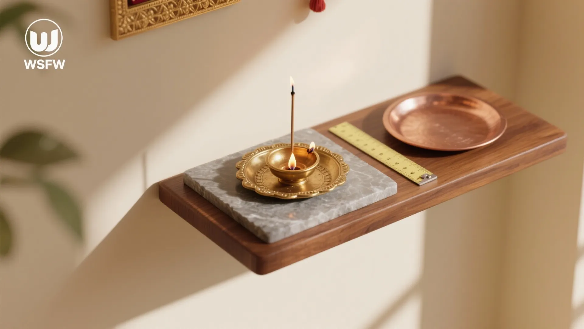 Top view of wooden shelf with small marble plate holding a golden candle and incense