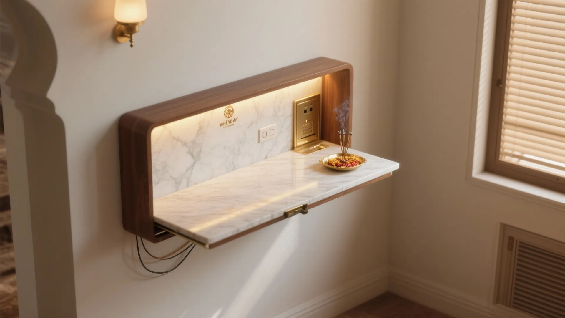 Wall mounted small wooden cabinet with white marble surface and small burning sticks on top