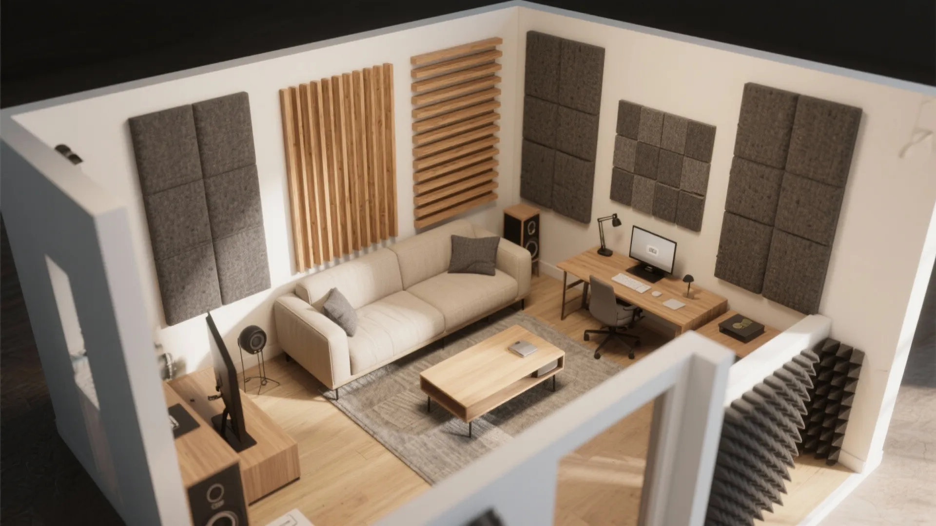 Top-down plan of a small living room showing recommended acoustic panel placements.