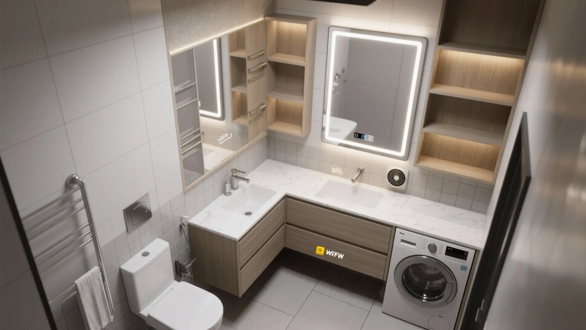 Modern bathroom with wooden cabinets washing machine double sinks mirrors toilet and white tiled wall layout