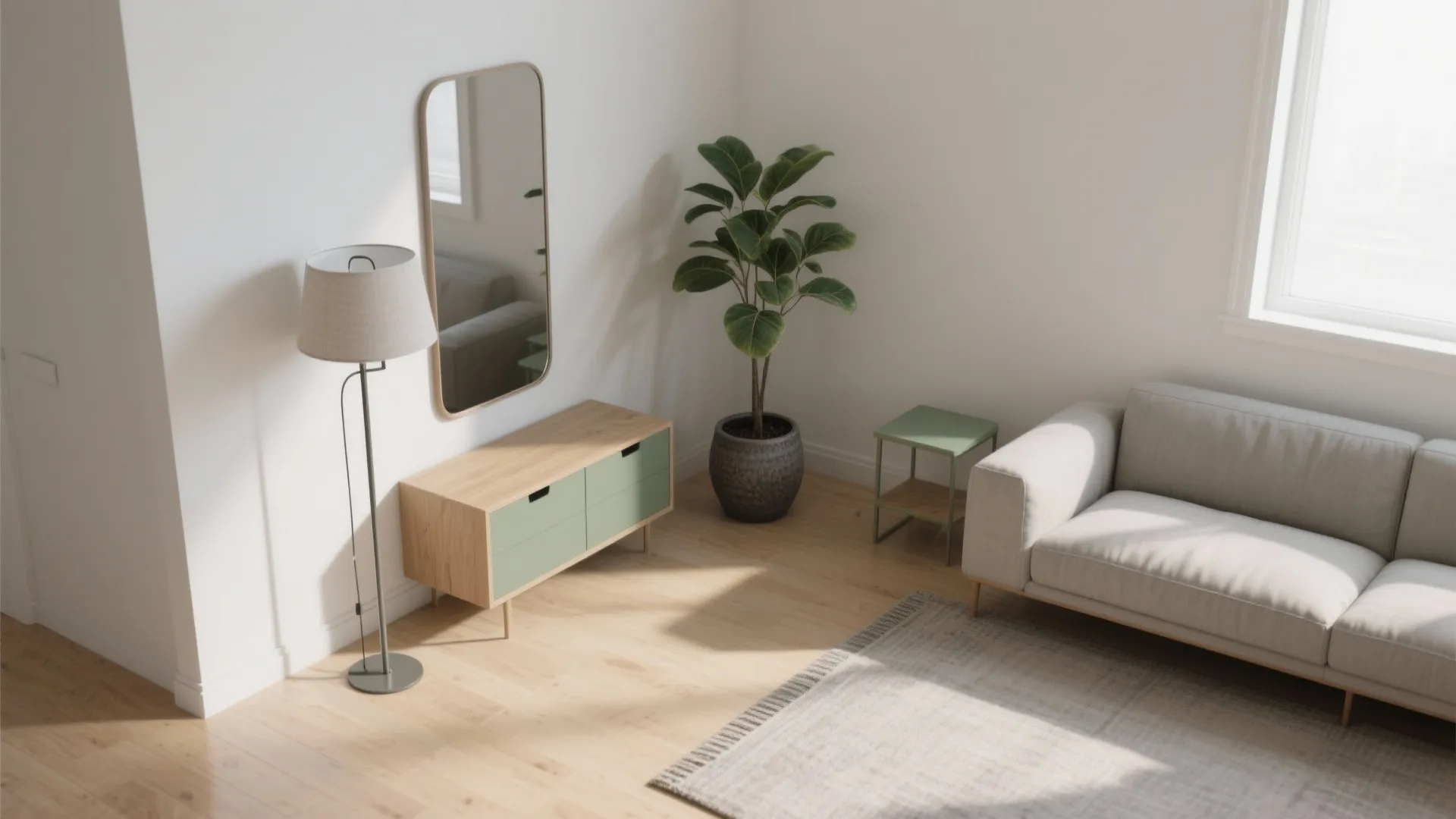 High angle interior design drawing of a living area with sofa floor lamp and green plant