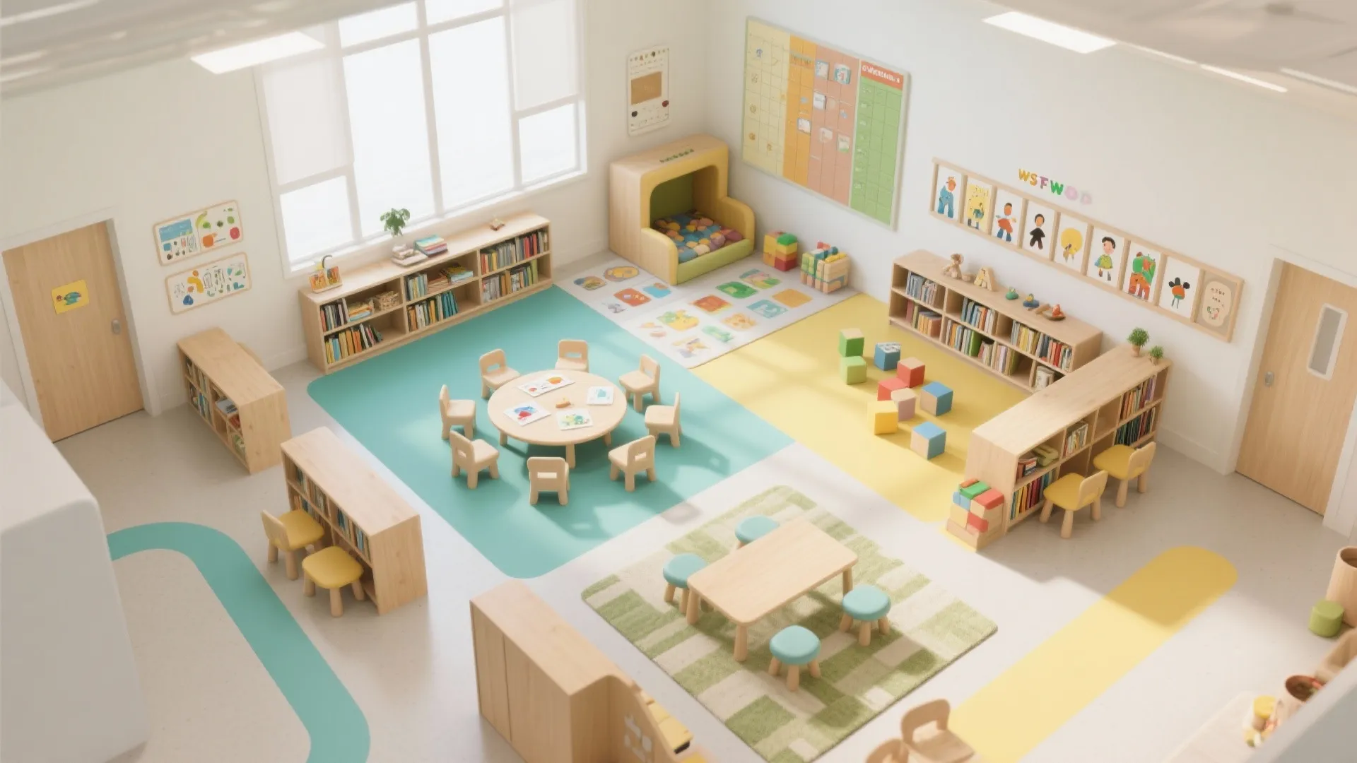 Bright classroom layout with wooden tables and small chairs on colorful green and yellow floor mats