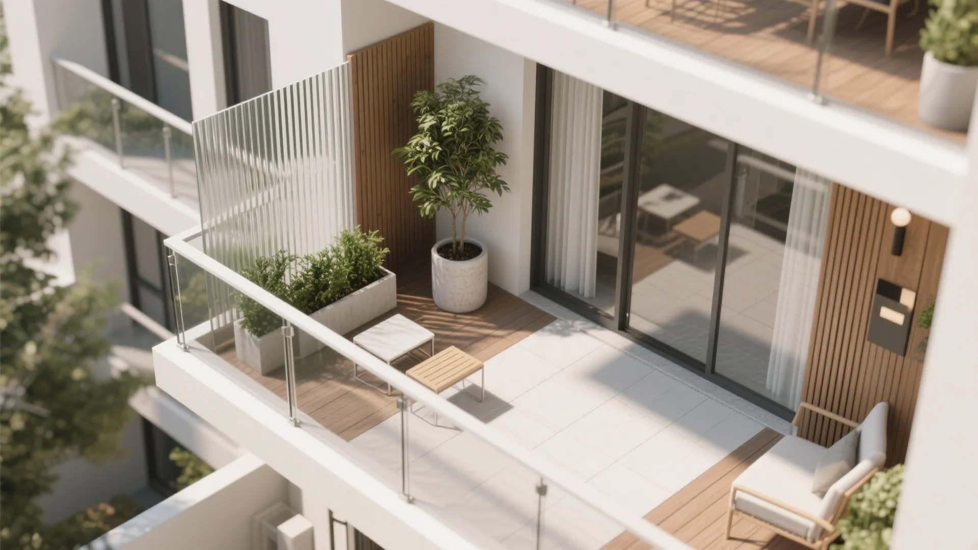 High angle view of apartment balcony with glass railing potted plants and wooden wall panel