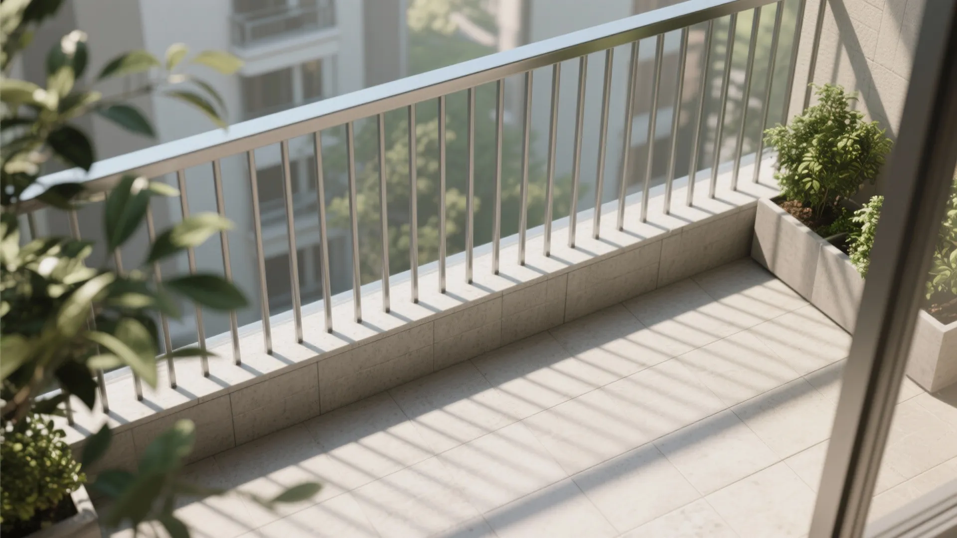 Modern balcony with metal railing tiled floor green plants in pots and warm natural sunlight