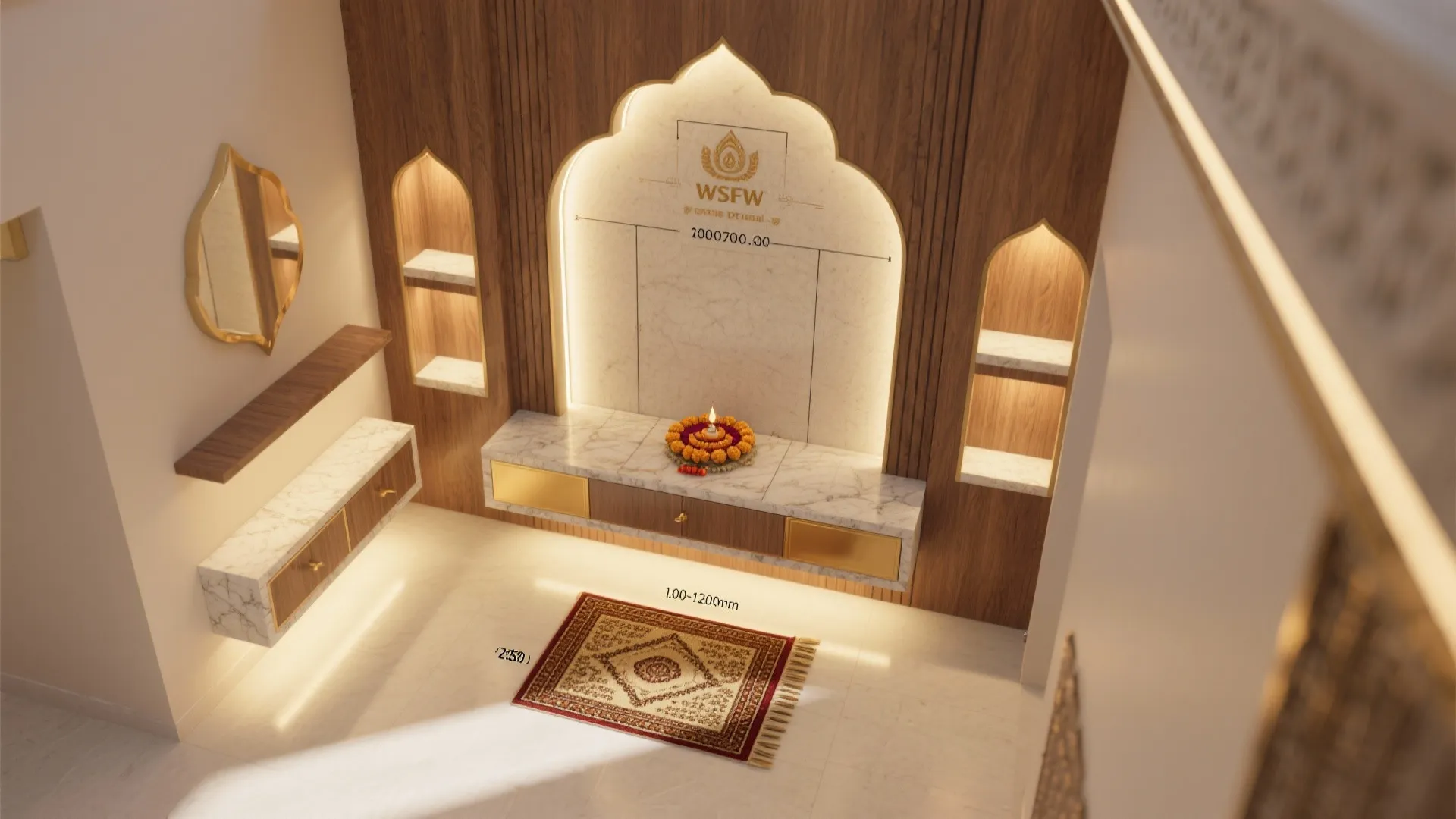 Top view of room layout with wooden wall panels marble cabinet red rug and warm lighting