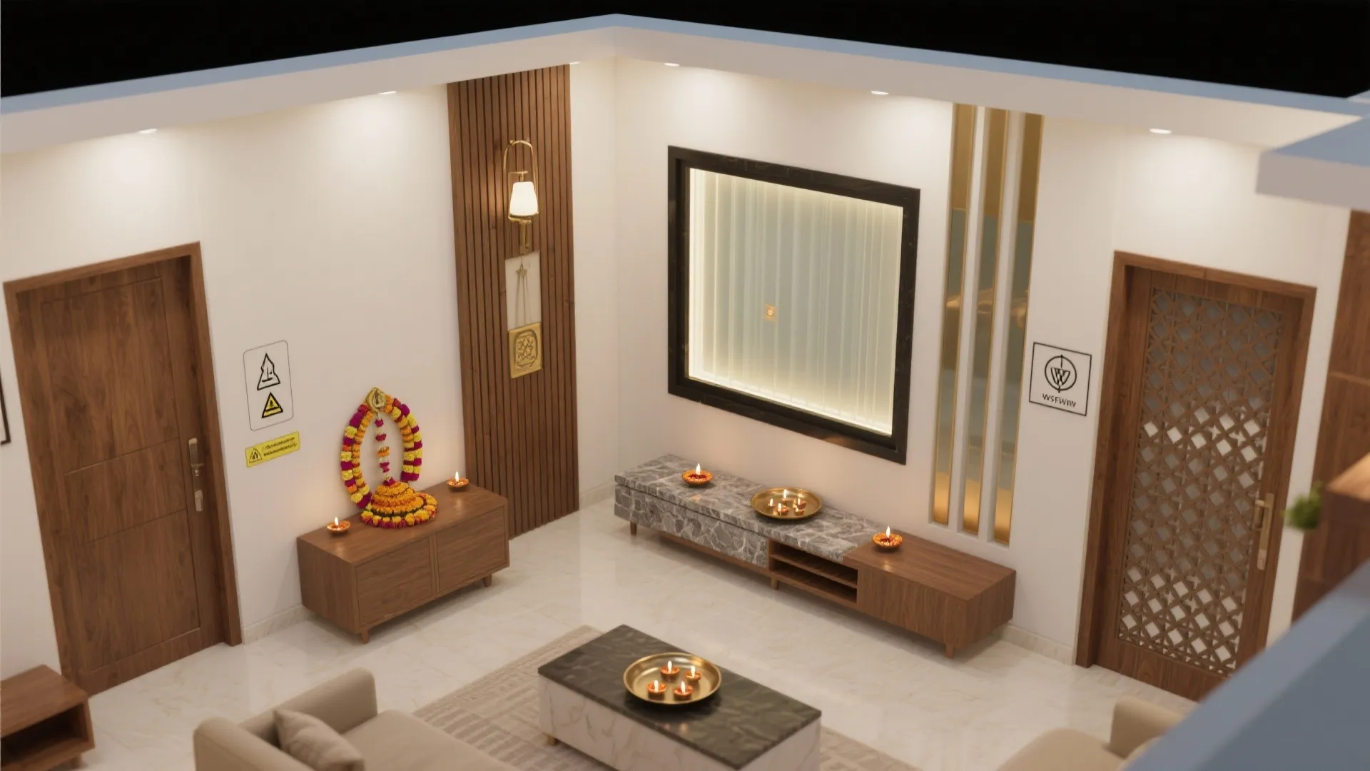 Top-down scene showing pooja placement in an east-northeast corner with sliding screen, translucent backlight, stone tray, and ventilated doors.