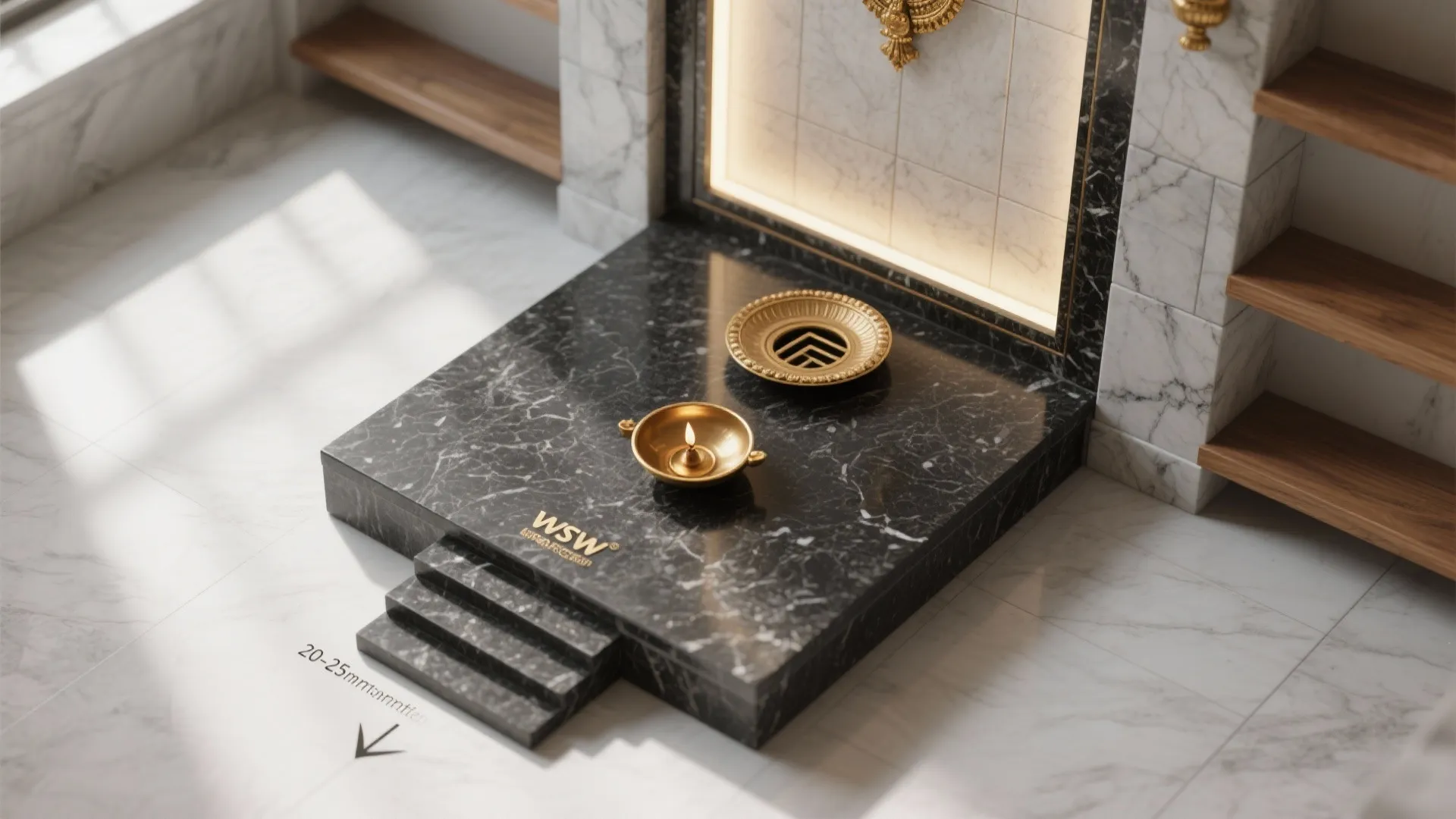 Top down view of black marble platform with small steps and golden bowl on floor