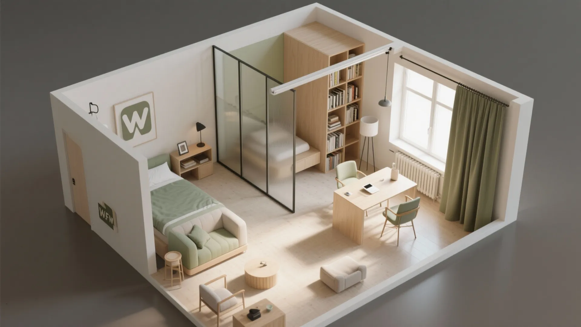 Interior design drawing showing small apartment room layout with bed desk cabinet and glass room divider