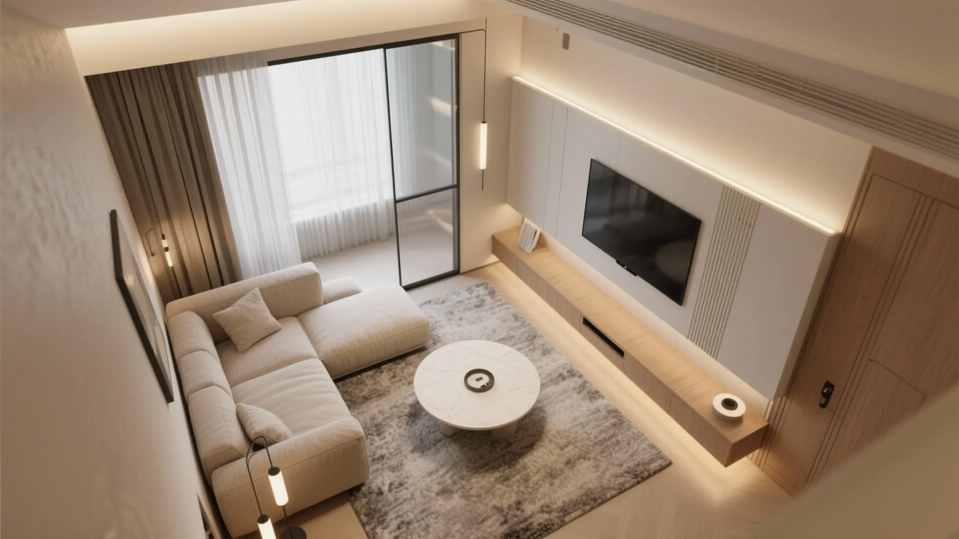 Top down view of a living room with beige sofa marble coffee table and wall television