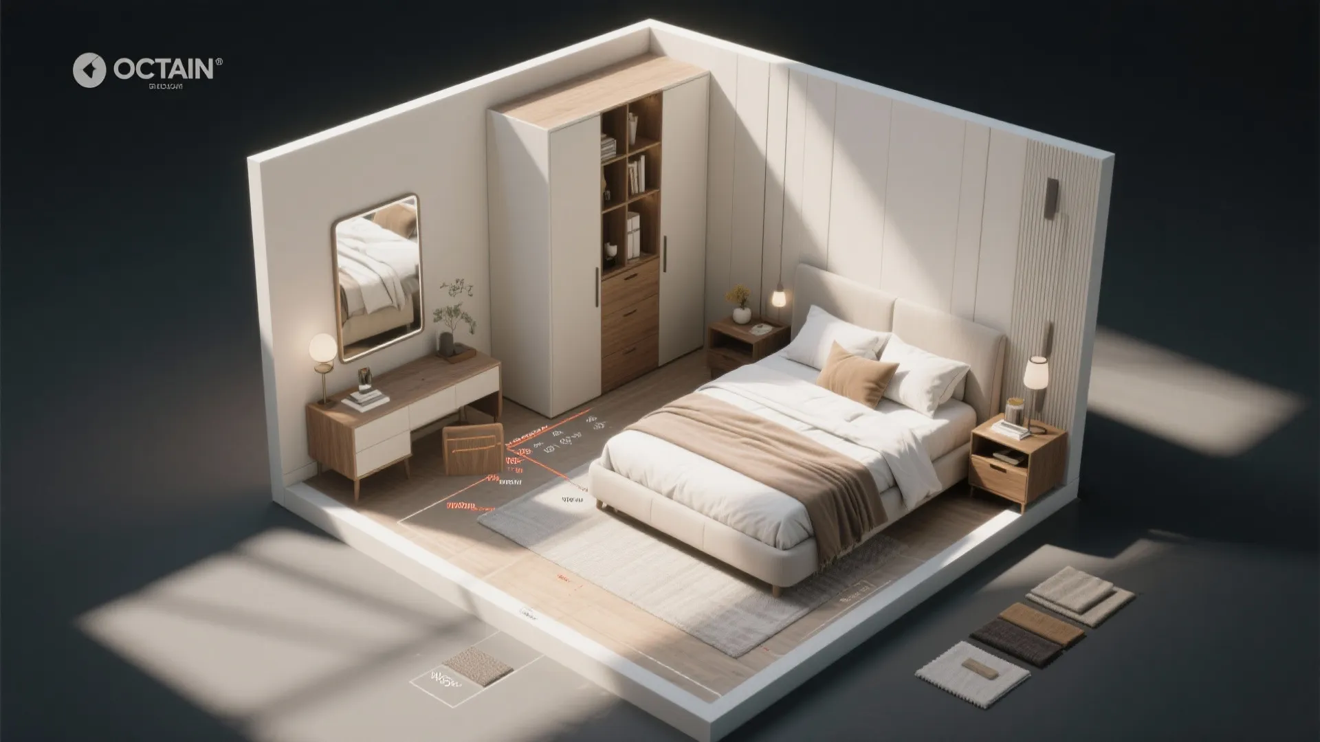 Top-down 3D-style layout mockup of a small transitional bedroom showing furniture zones and mirror placement.