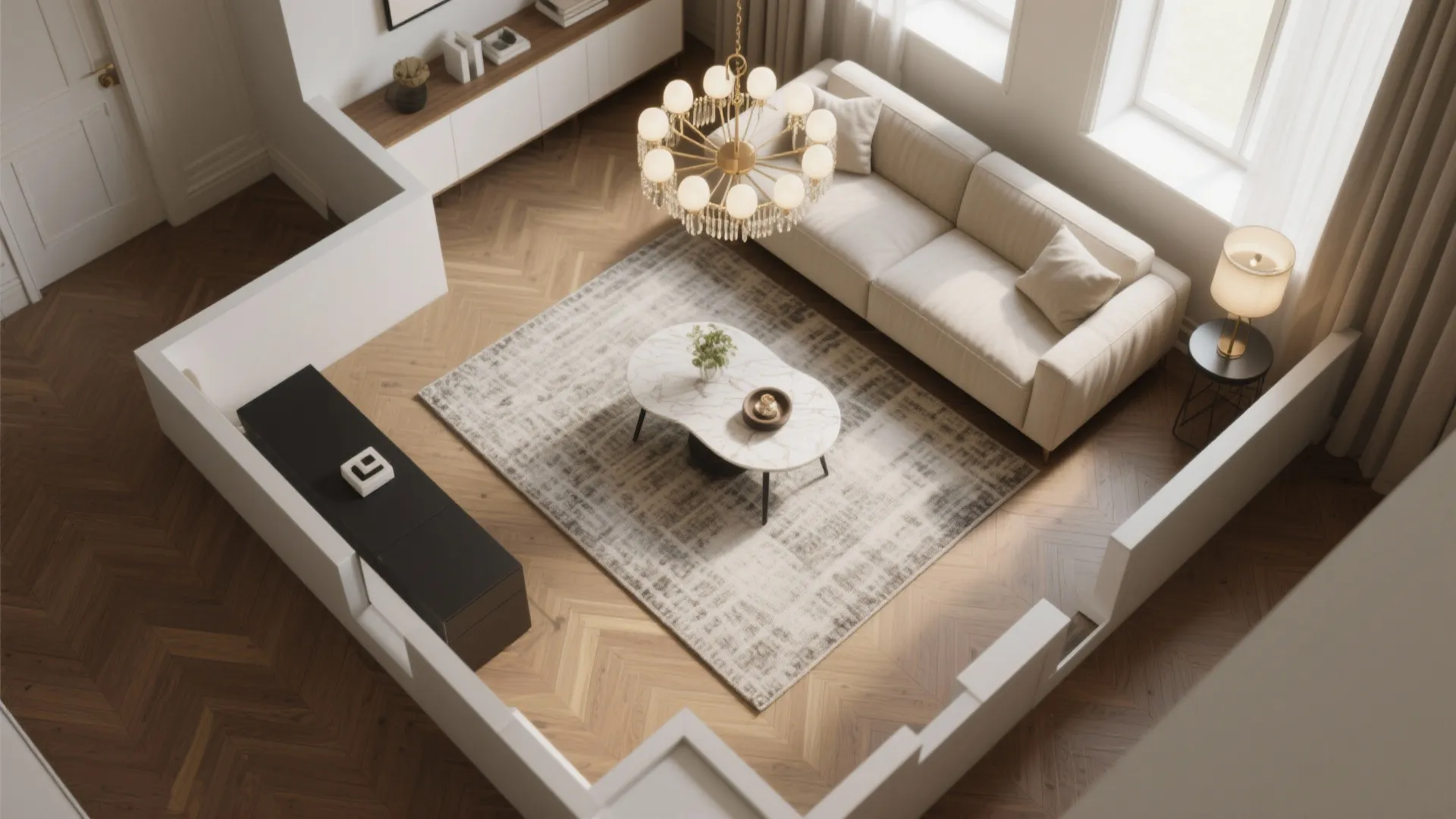 Top down room layout showing white sofa marble coffee table gold ceiling light and rug