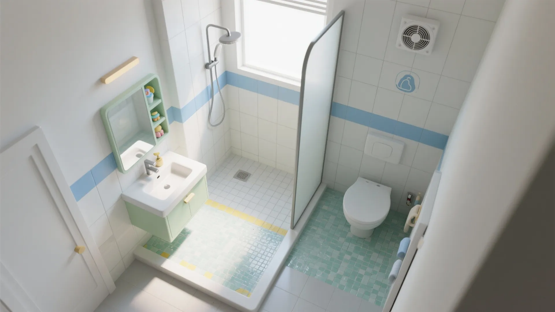 Top down view of small bathroom with green sink cabinet white toilet and glass shower